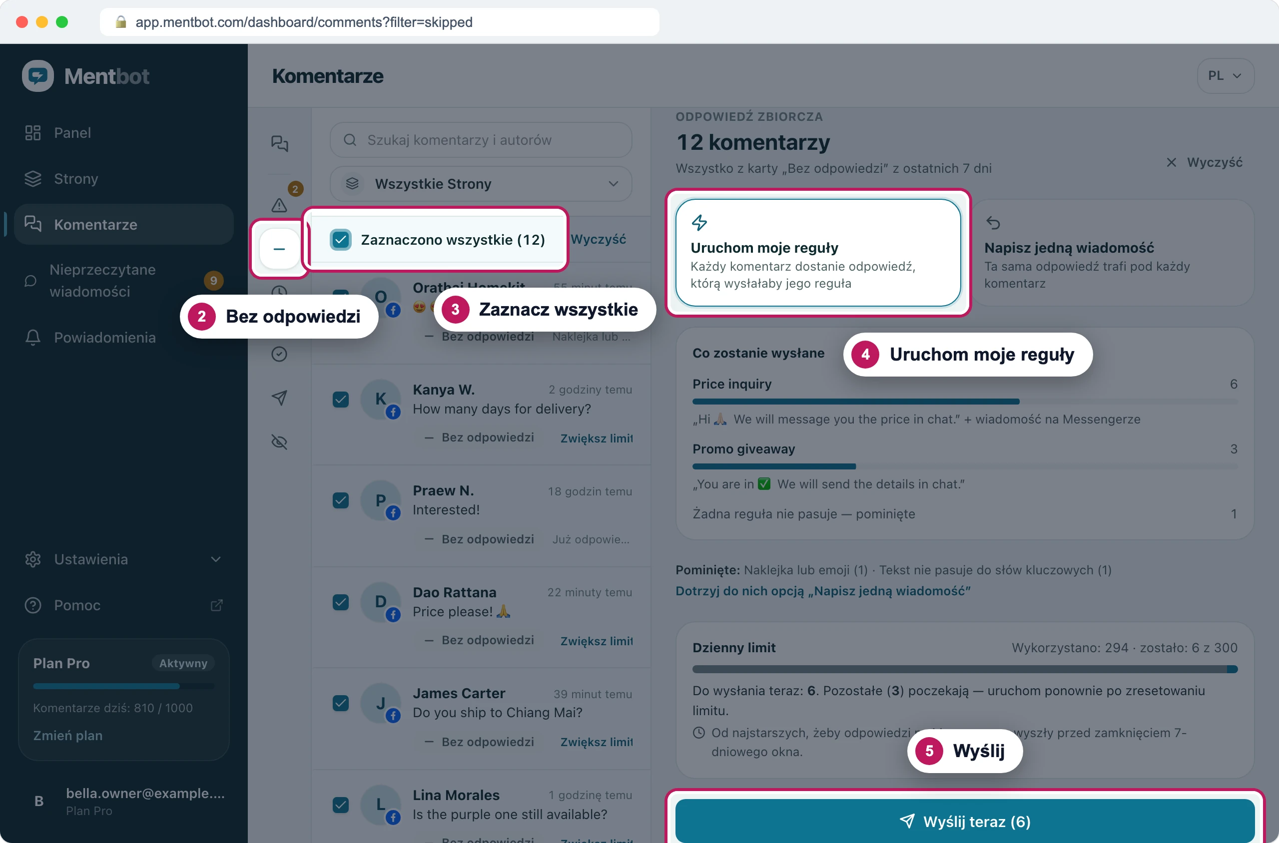Panel Odpowiedź zbiorcza dla 12 komentarzy, znacznik 2 na filtrze Bez odpowiedzi, znacznik 3 na Zaznaczono wszystkie (12), znacznik 4 na Uruchom moje reguły i znacznik 5 na przycisku Wyślij teraz (6)
