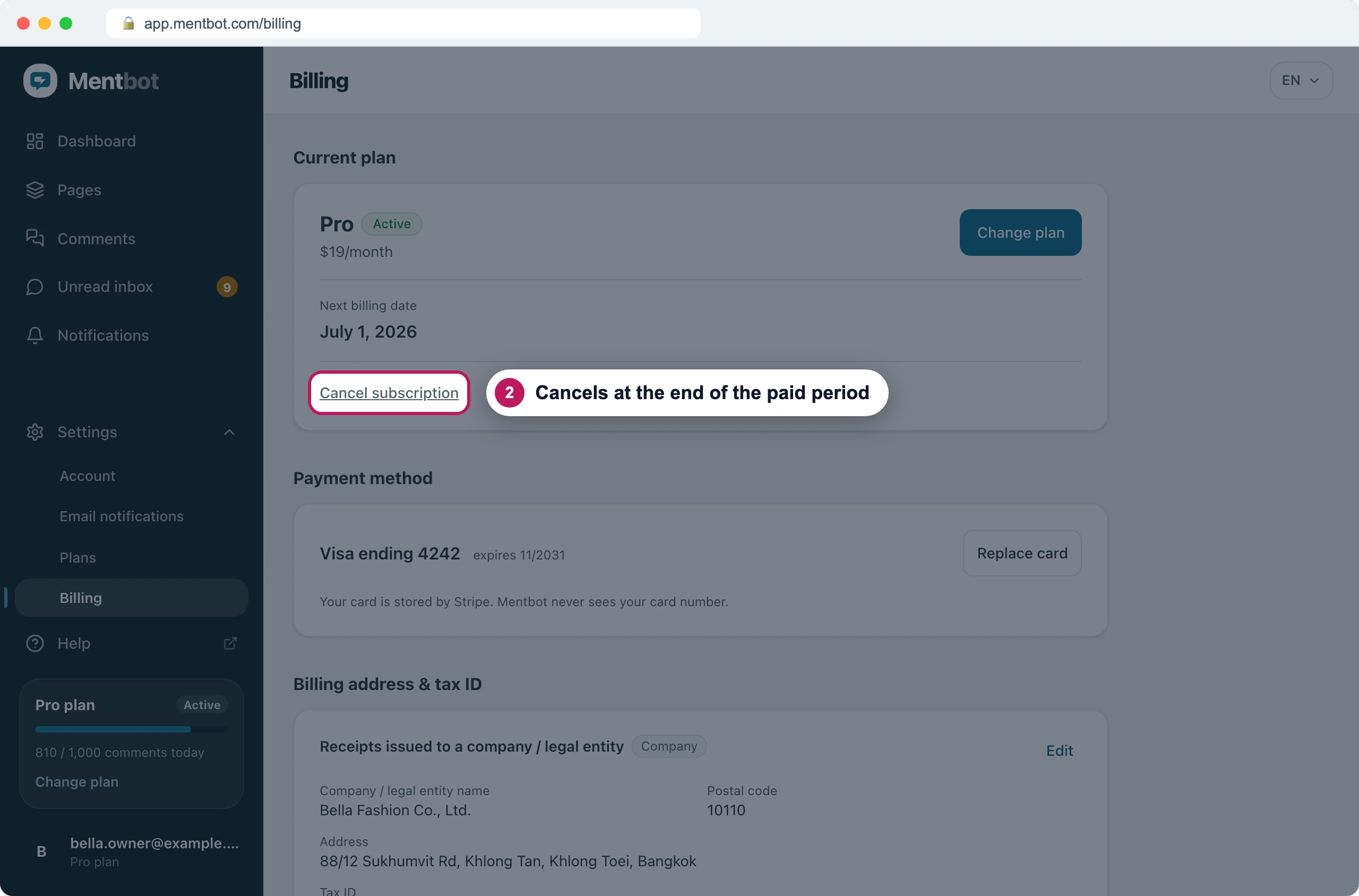 Billing page with badge 2 on the Cancel subscription link under the current Pro plan