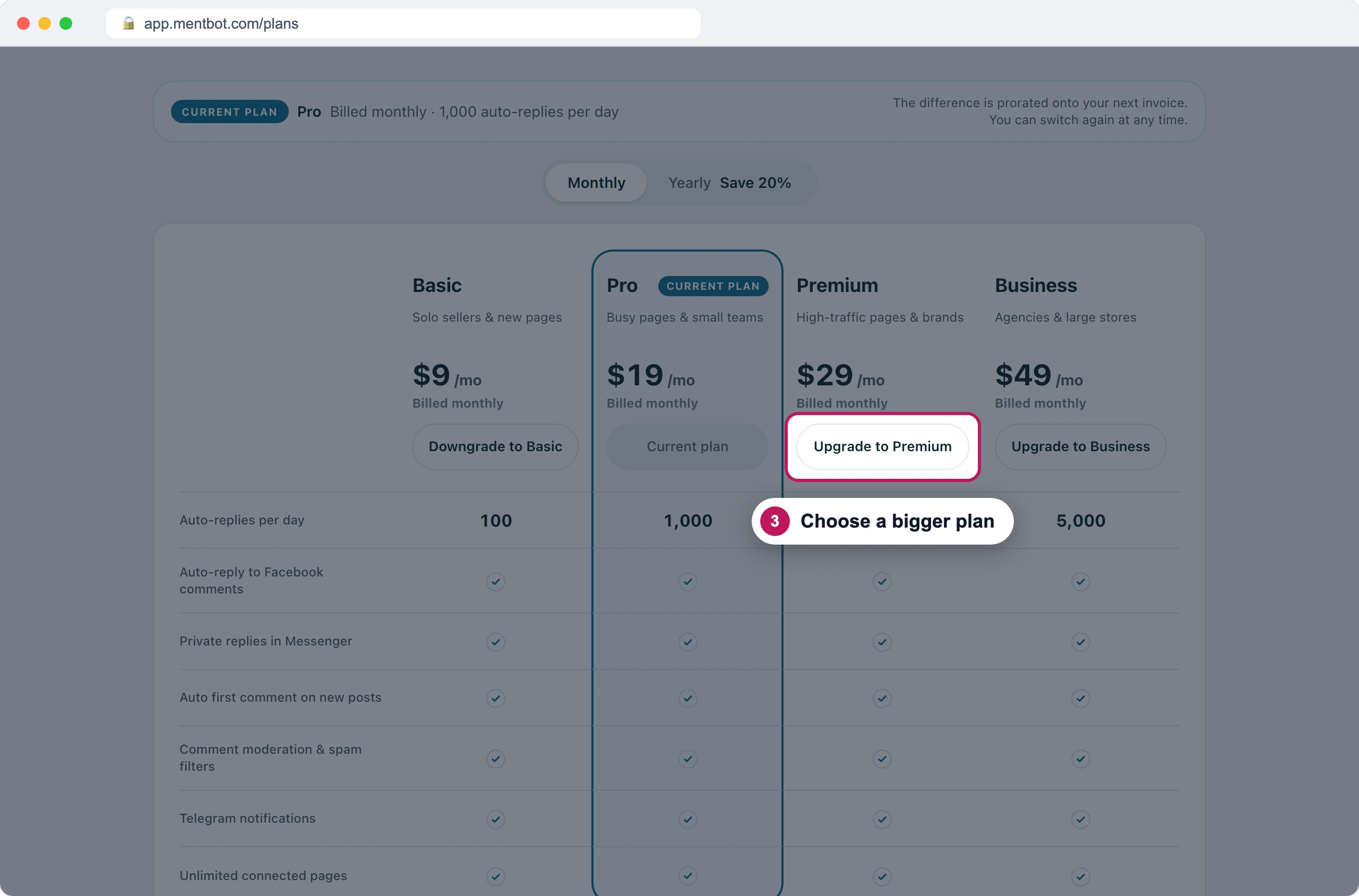 Plans page with badge 3 on the Upgrade to Premium button, next to the current Pro plan