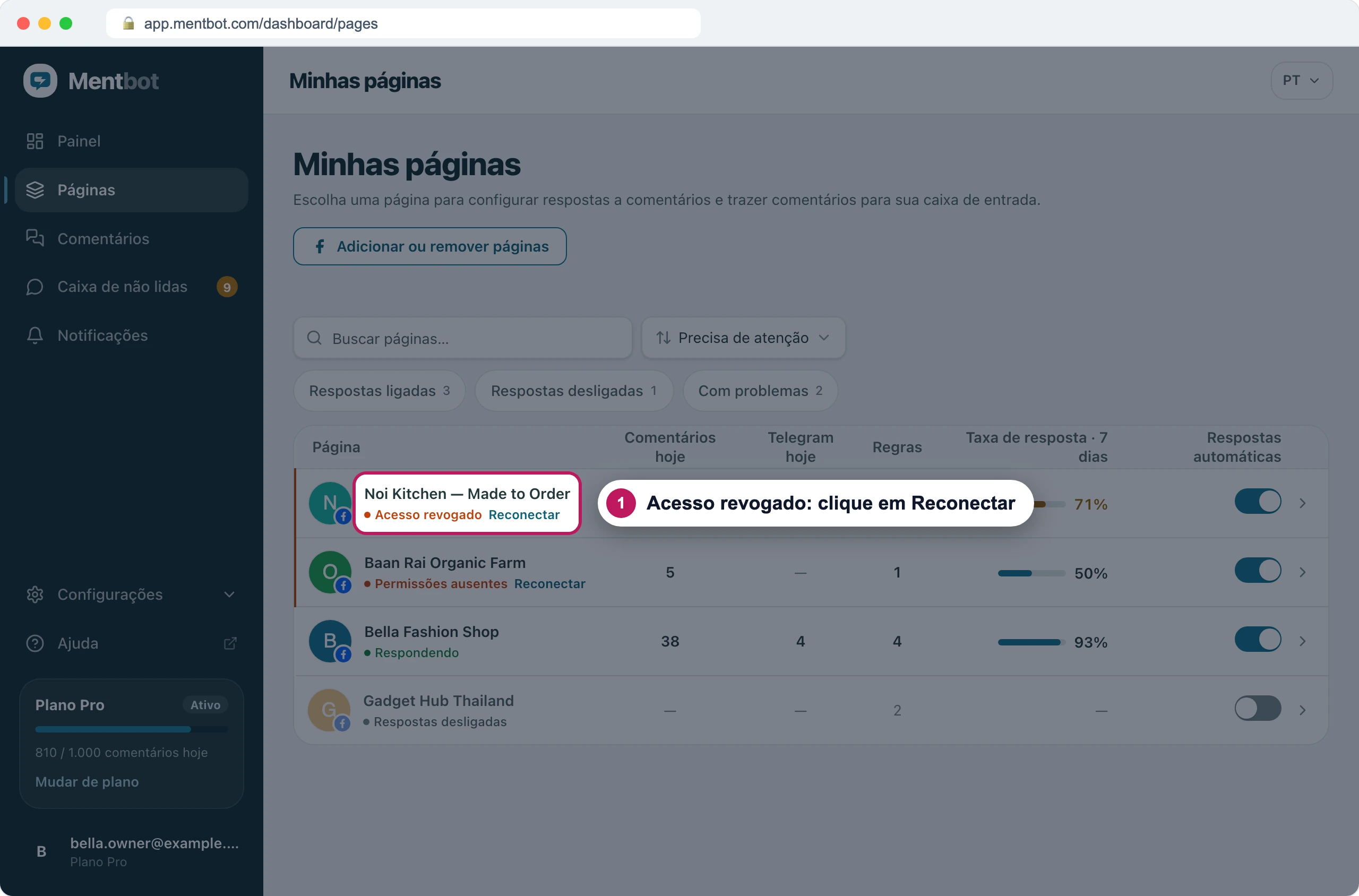 Lista de páginas com o marcador 1 em Noi Kitchen — Made to Order, marcada como Acesso revogado com um link Reconectar