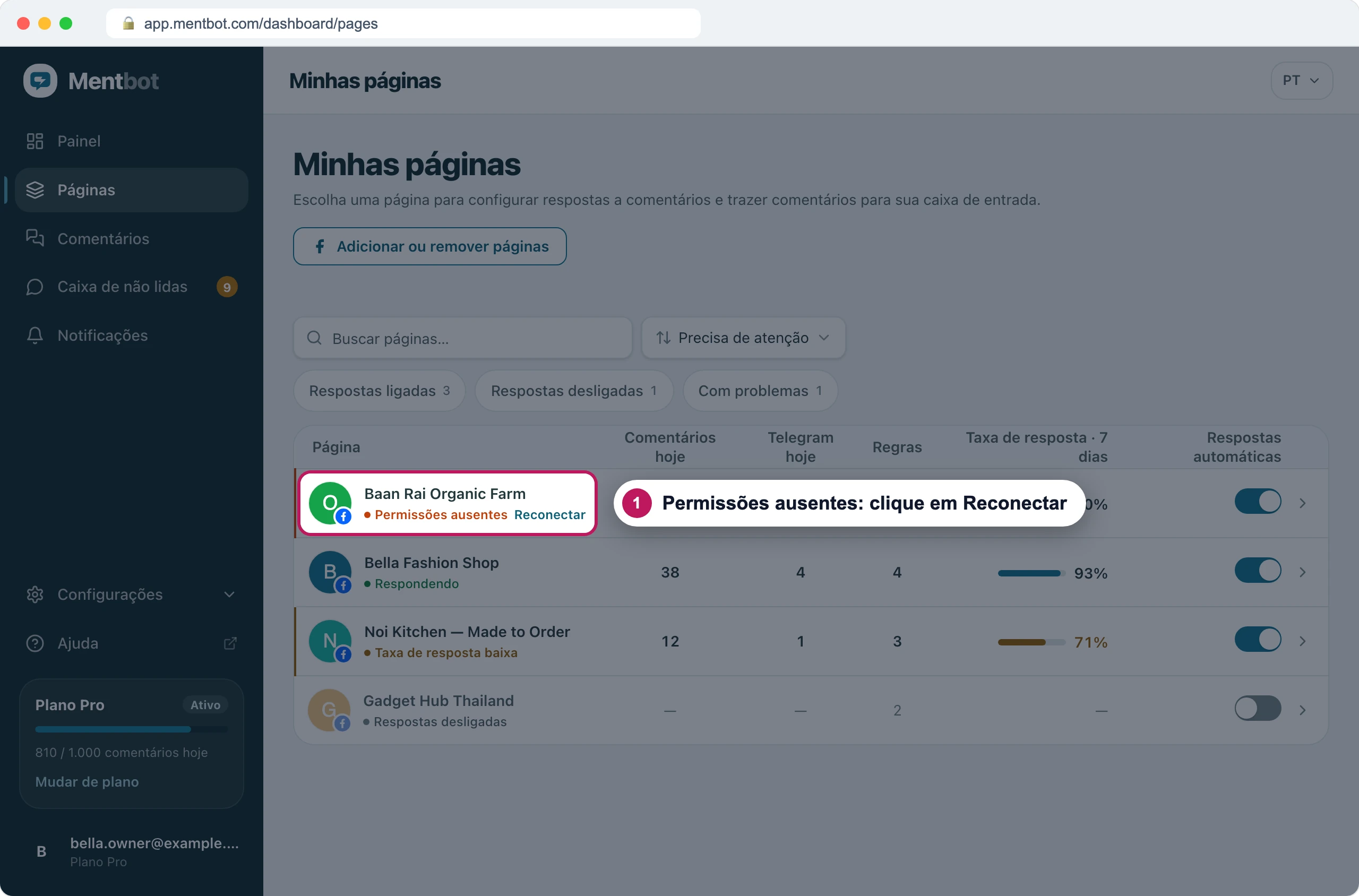 Lista de páginas com o marcador 1 em Baan Rai Organic Farm, marcada como Permissões ausentes com um link Reconectar