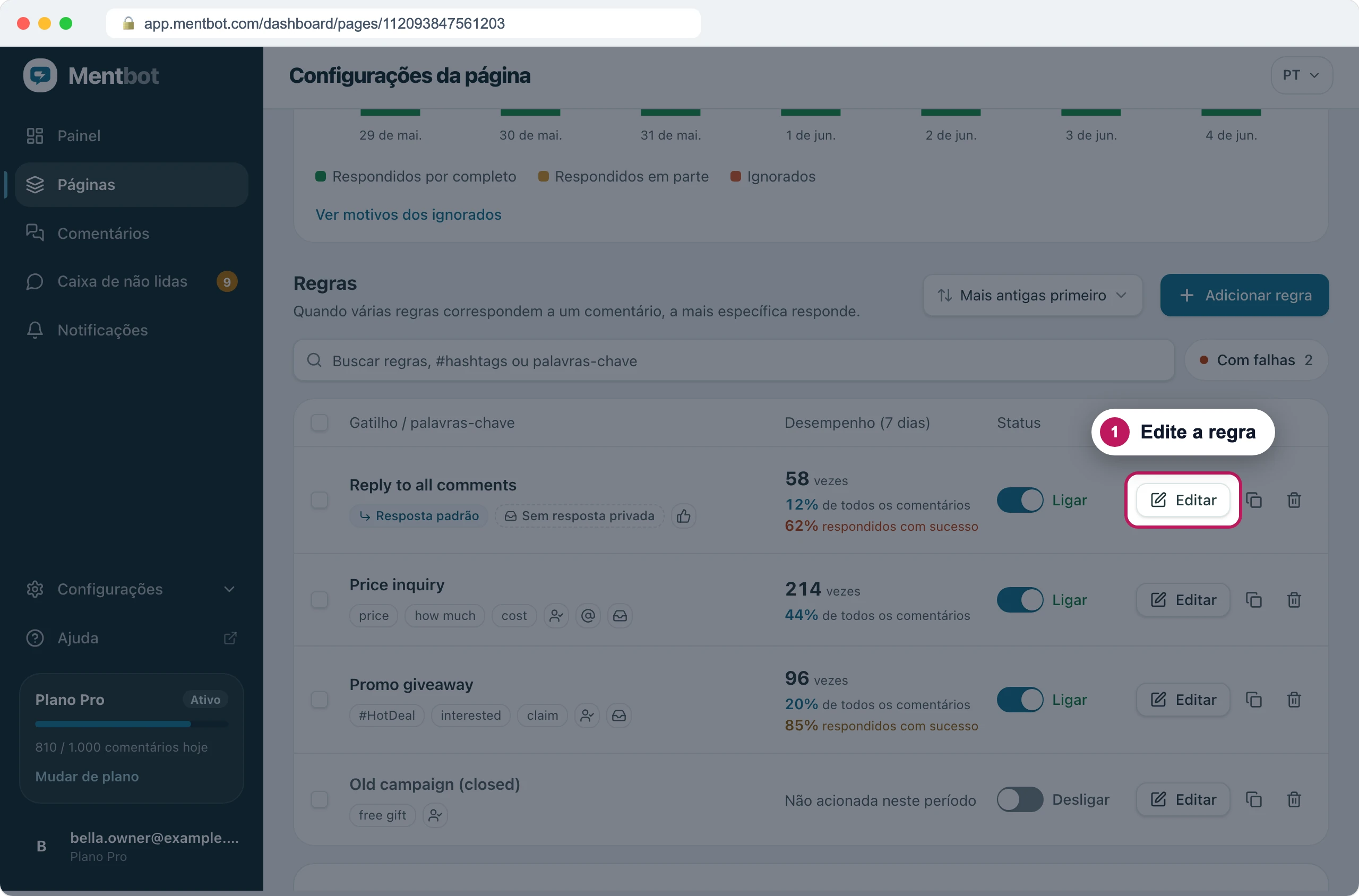 Lista de regras com o marcador 1 no botão Editar da regra Reply to all comments