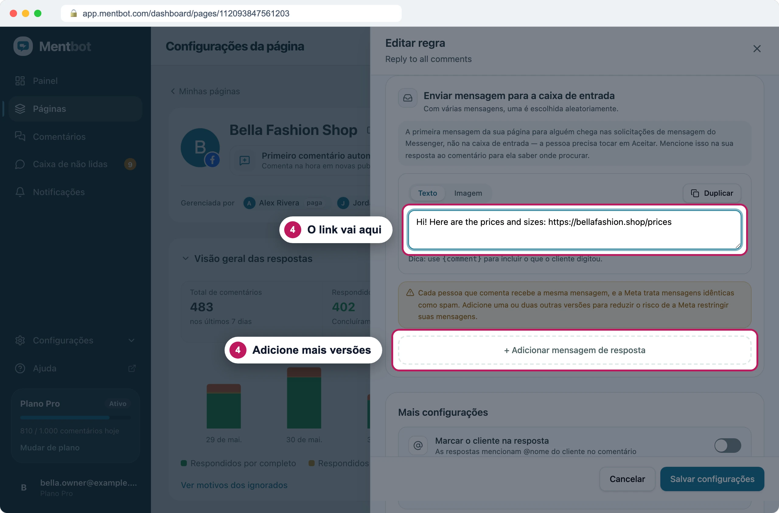 Seção Enviar mensagem para a caixa de entrada com o marcador 4 na mensagem com o link da tabela de preços e o marcador 4 em + Adicionar mensagem de resposta