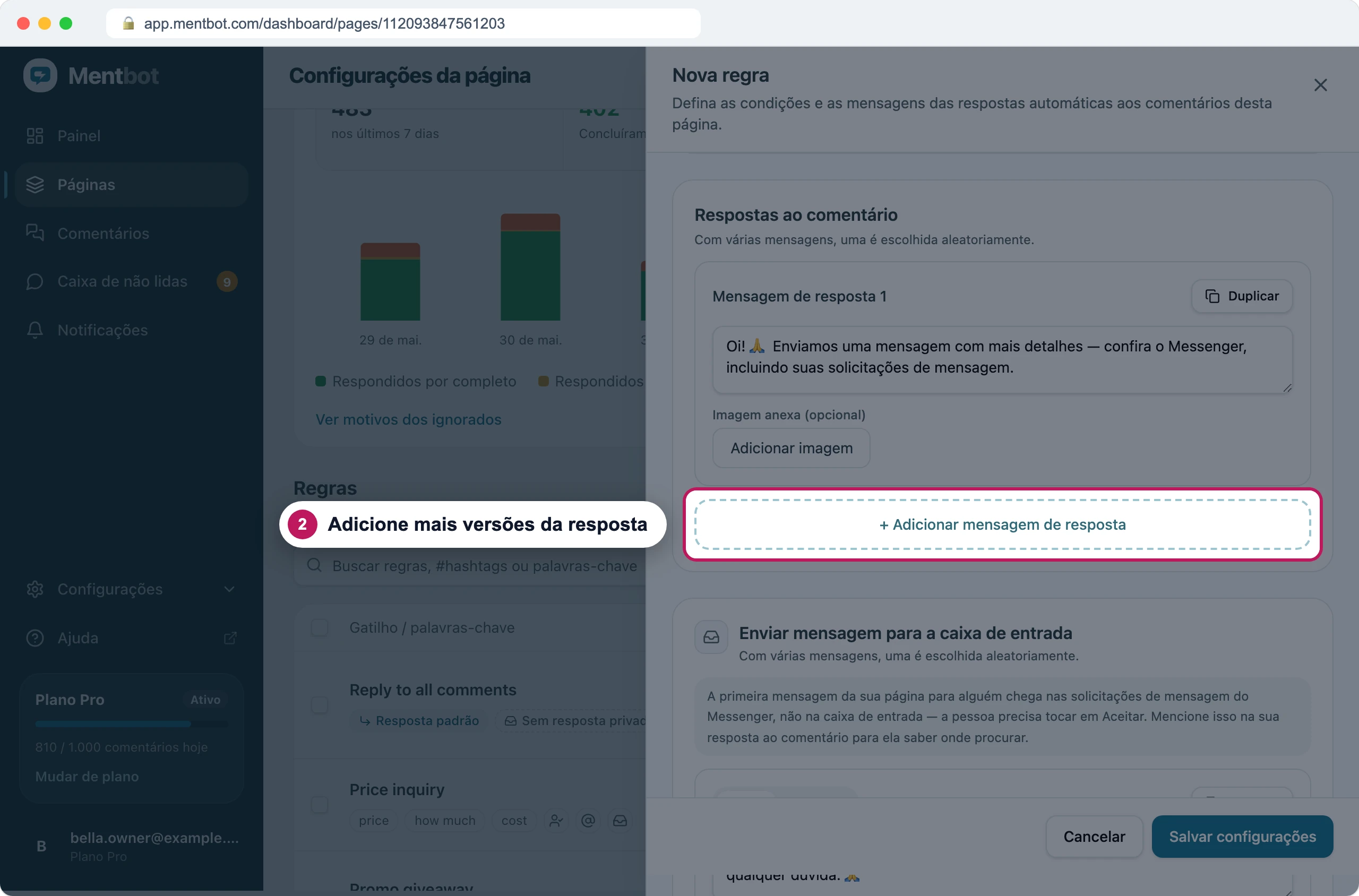 Formulário da regra com o marcador 2 no botão + Adicionar mensagem de resposta em Respostas ao comentário