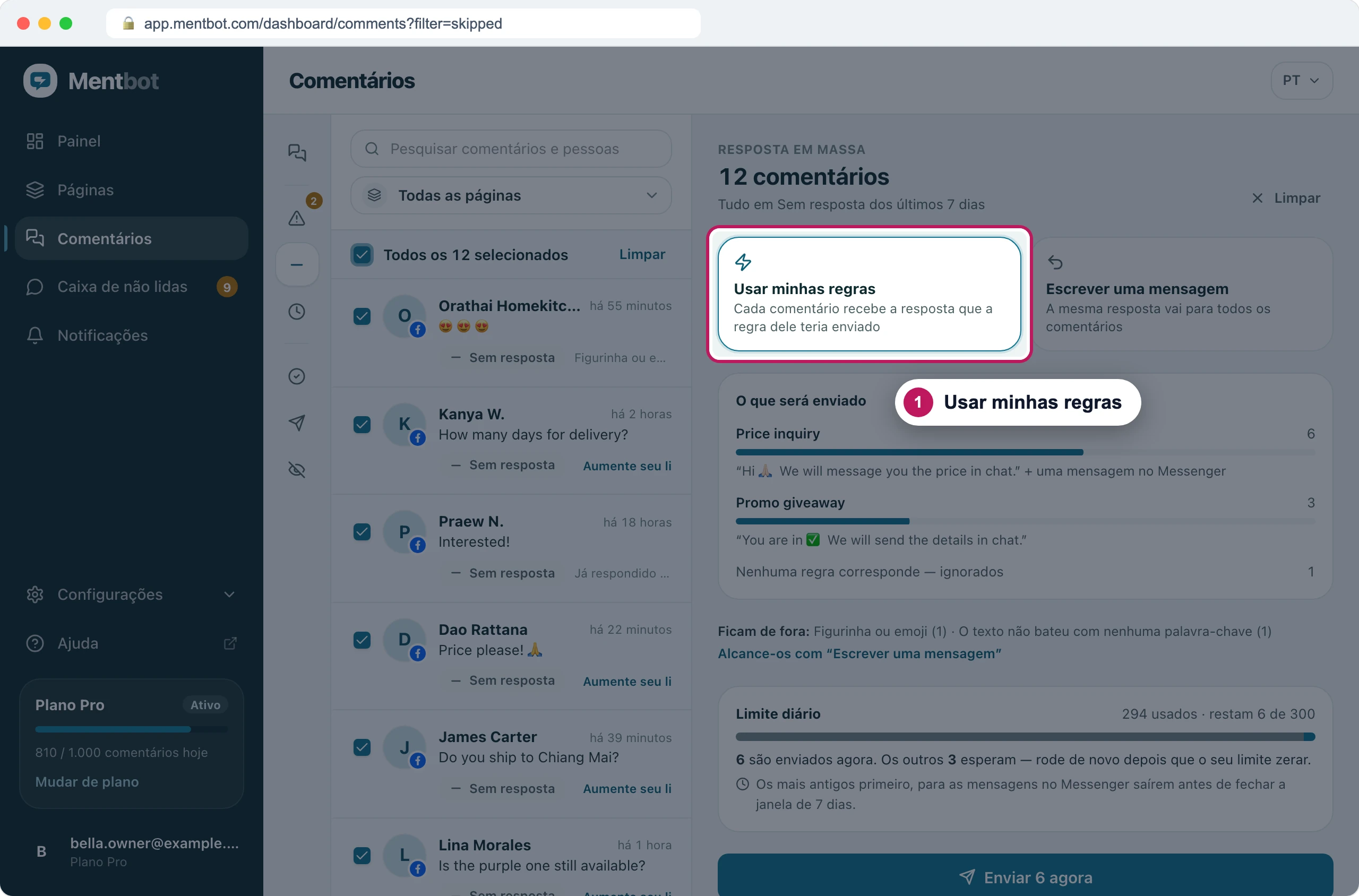 Painel de Resposta em massa para 12 comentários com o marcador 1 em Usar minhas regras, ao lado de Escrever uma mensagem