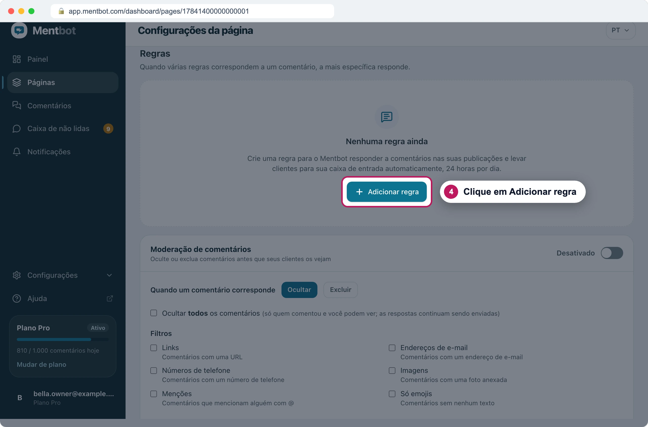A seção Regras da conta do Instagram, vazia, com o selo 4 no botão Adicionar regra