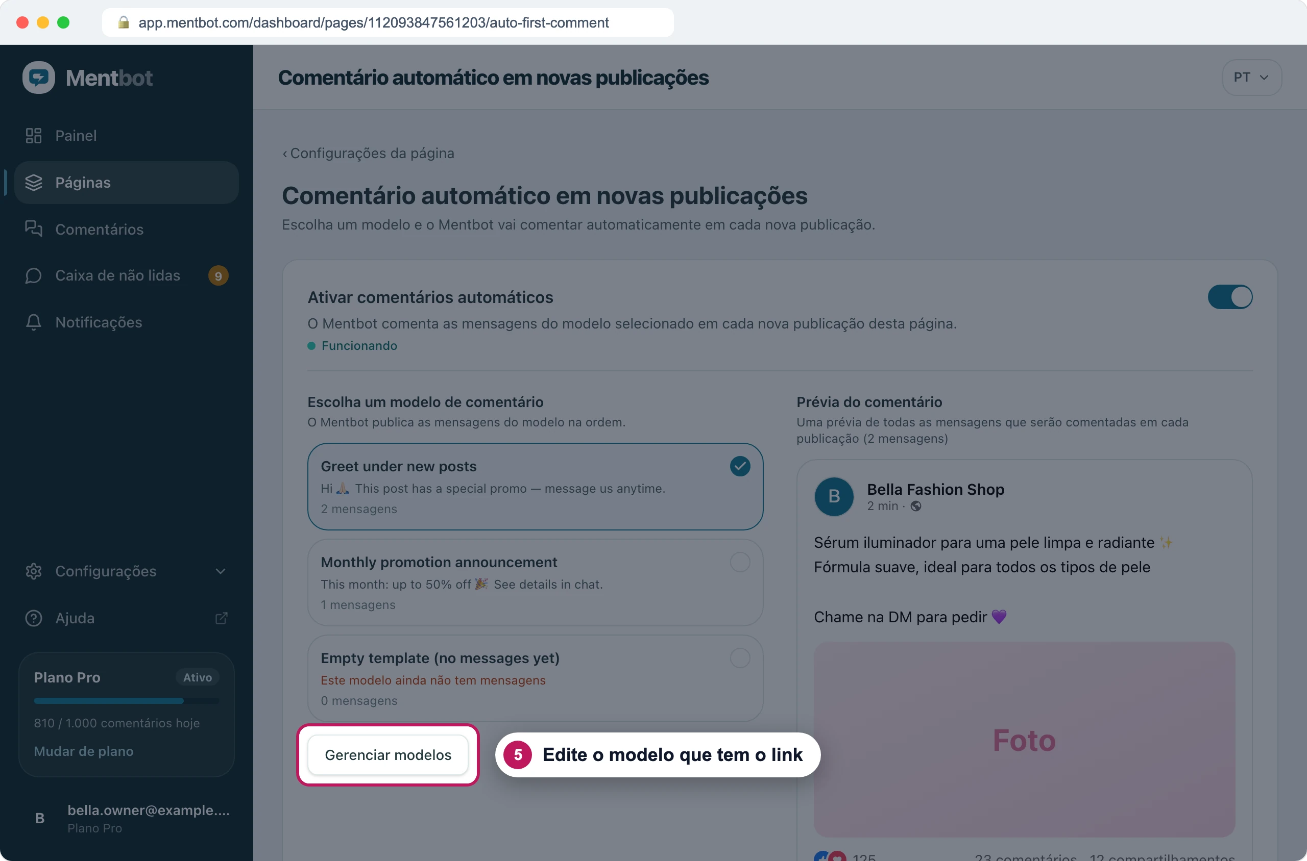 Comentário automático em novas publicações com o marcador 5 em Gerenciar modelos, abaixo dos três modelos de comentário da página
