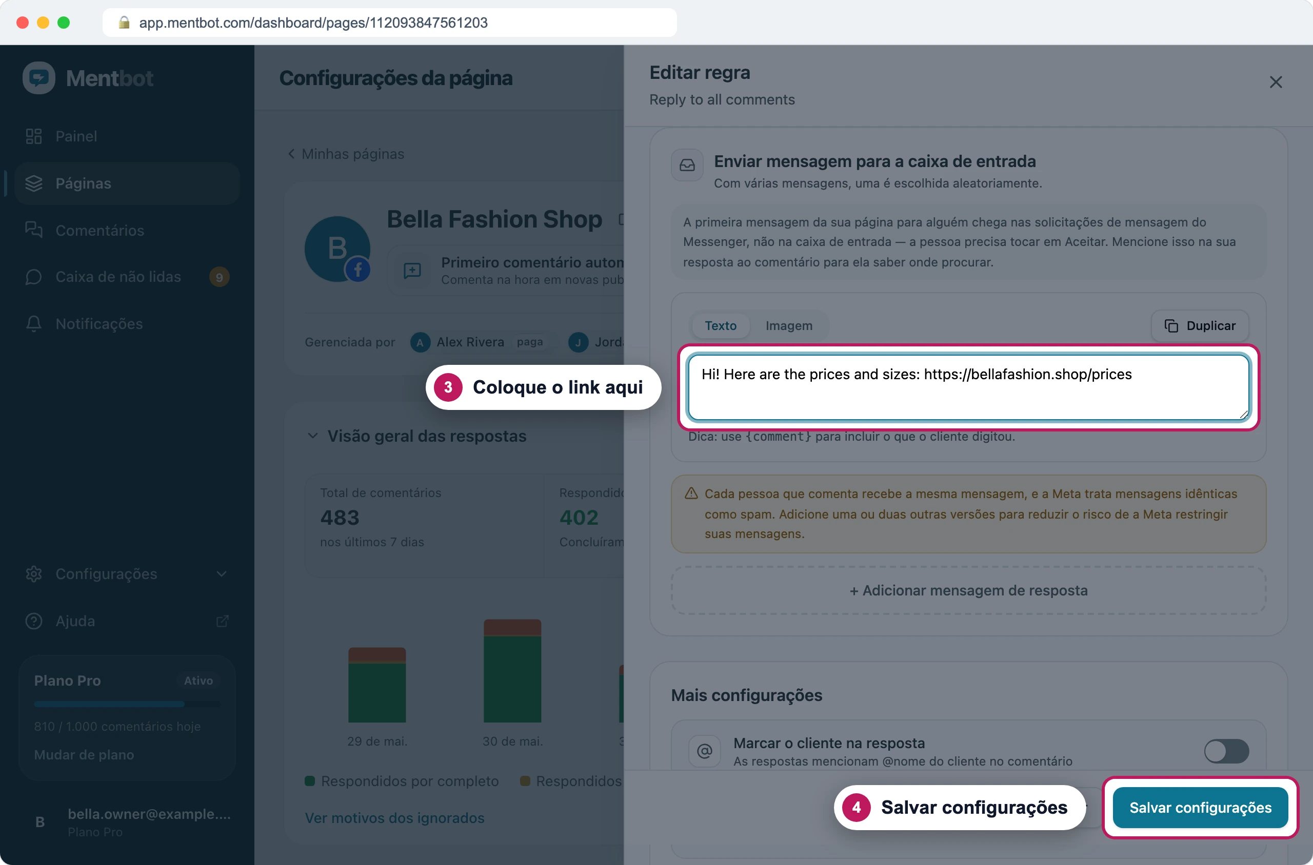 Seção Enviar mensagem para a caixa de entrada com o marcador 3 na mensagem com o link da tabela de preços e o marcador 4 em Salvar configurações