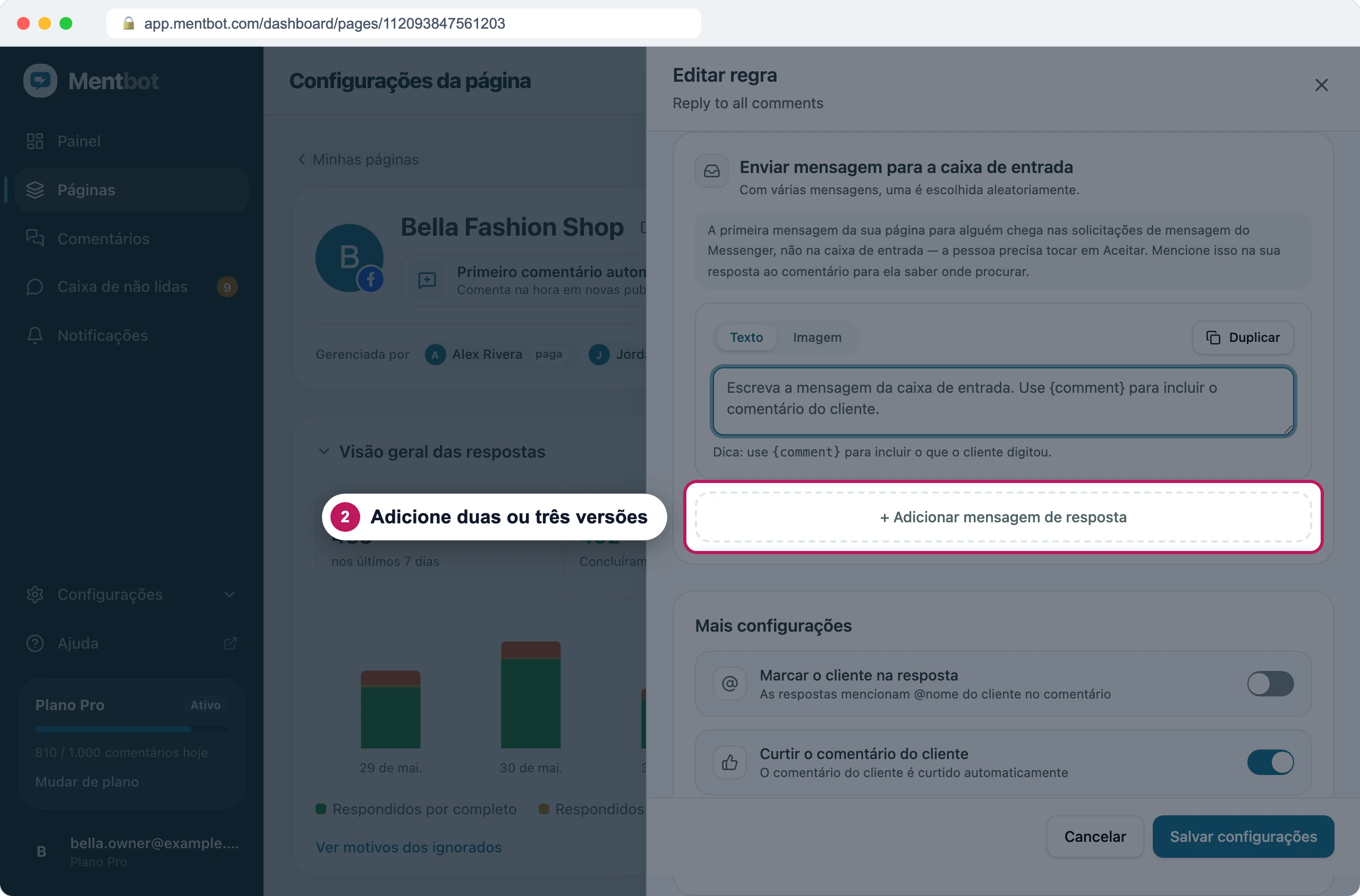 Seção Enviar mensagem para a caixa de entrada com o marcador 2 em + Adicionar mensagem de resposta