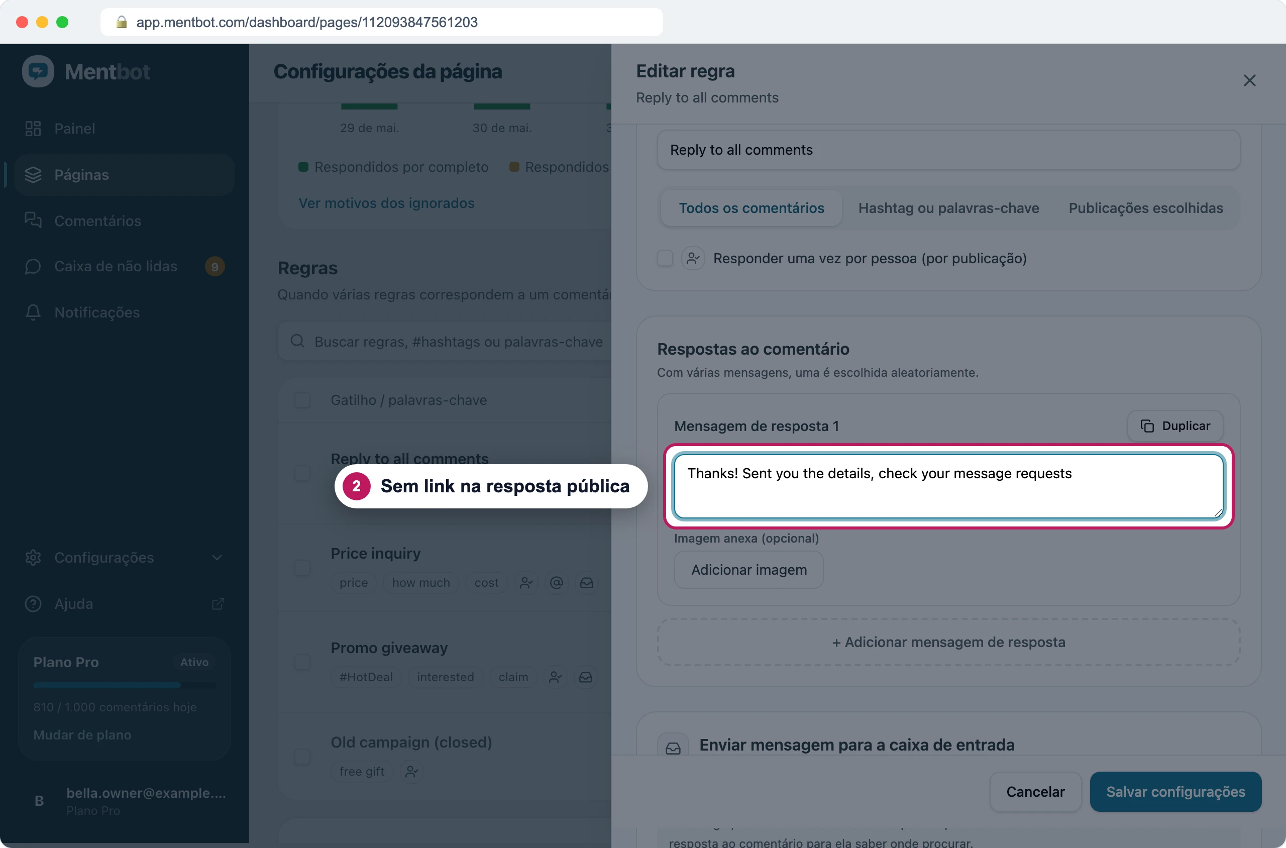 Formulário da regra com o marcador 2 na resposta ao comentário, que termina com confira suas solicitações de mensagem e não tem link