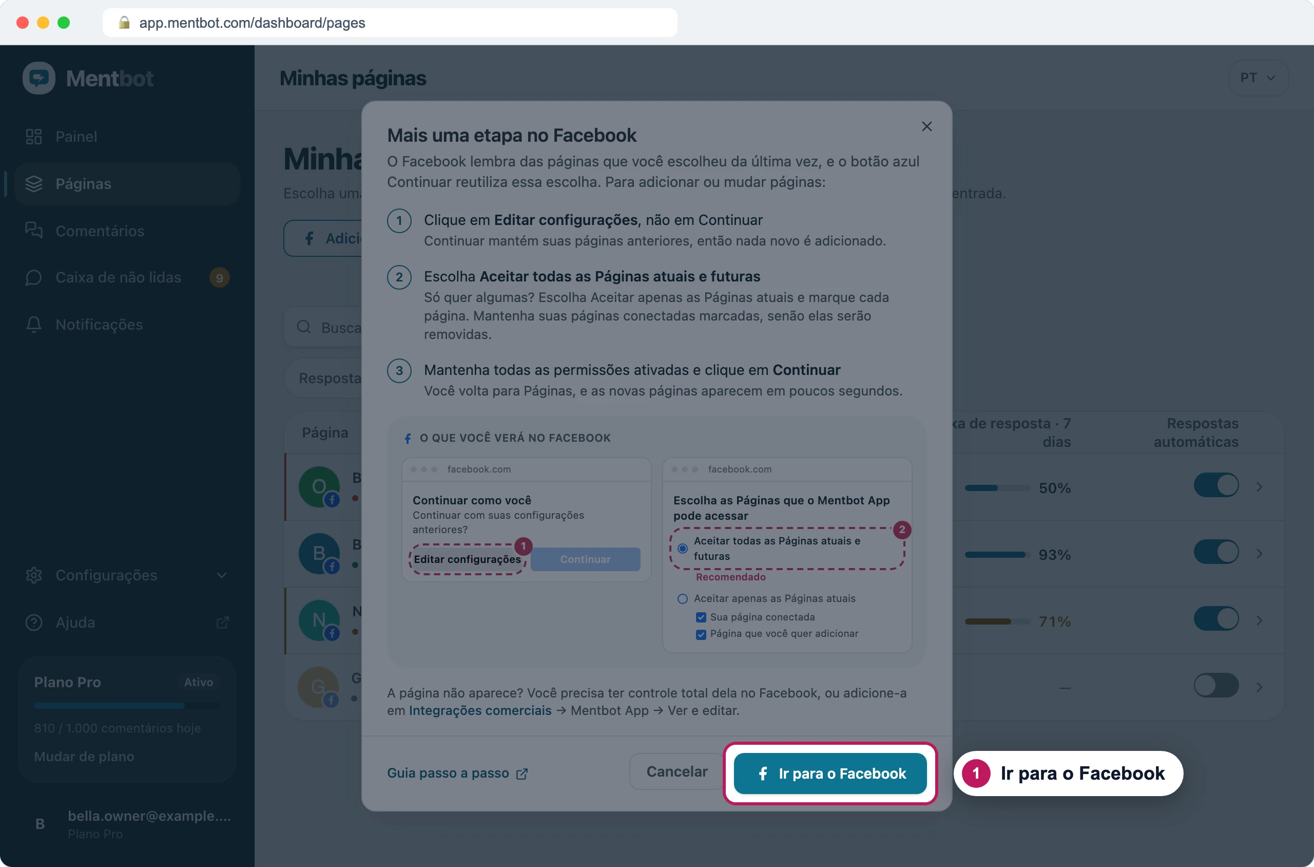 Janela Mais uma etapa no Facebook com o marcador 1 no botão Ir para o Facebook