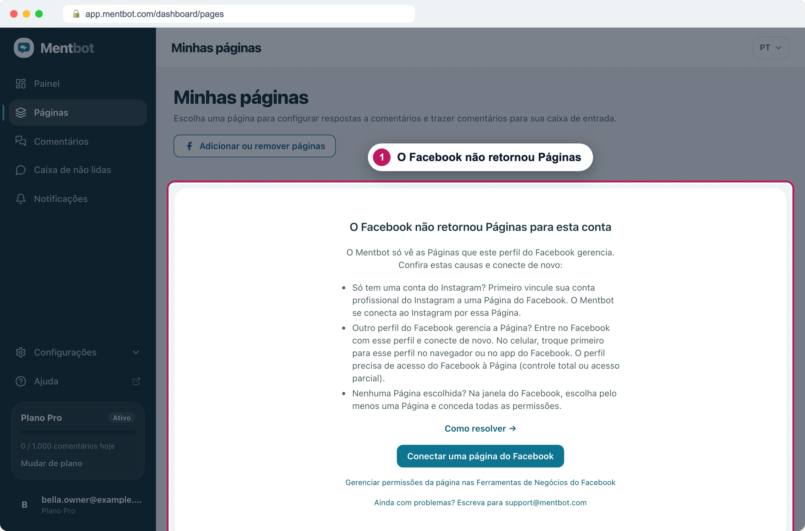 Páginas com o marcador 1 na mensagem O Facebook não retornou Páginas para esta conta, que lista três causas acima do botão Conectar uma página do Facebook