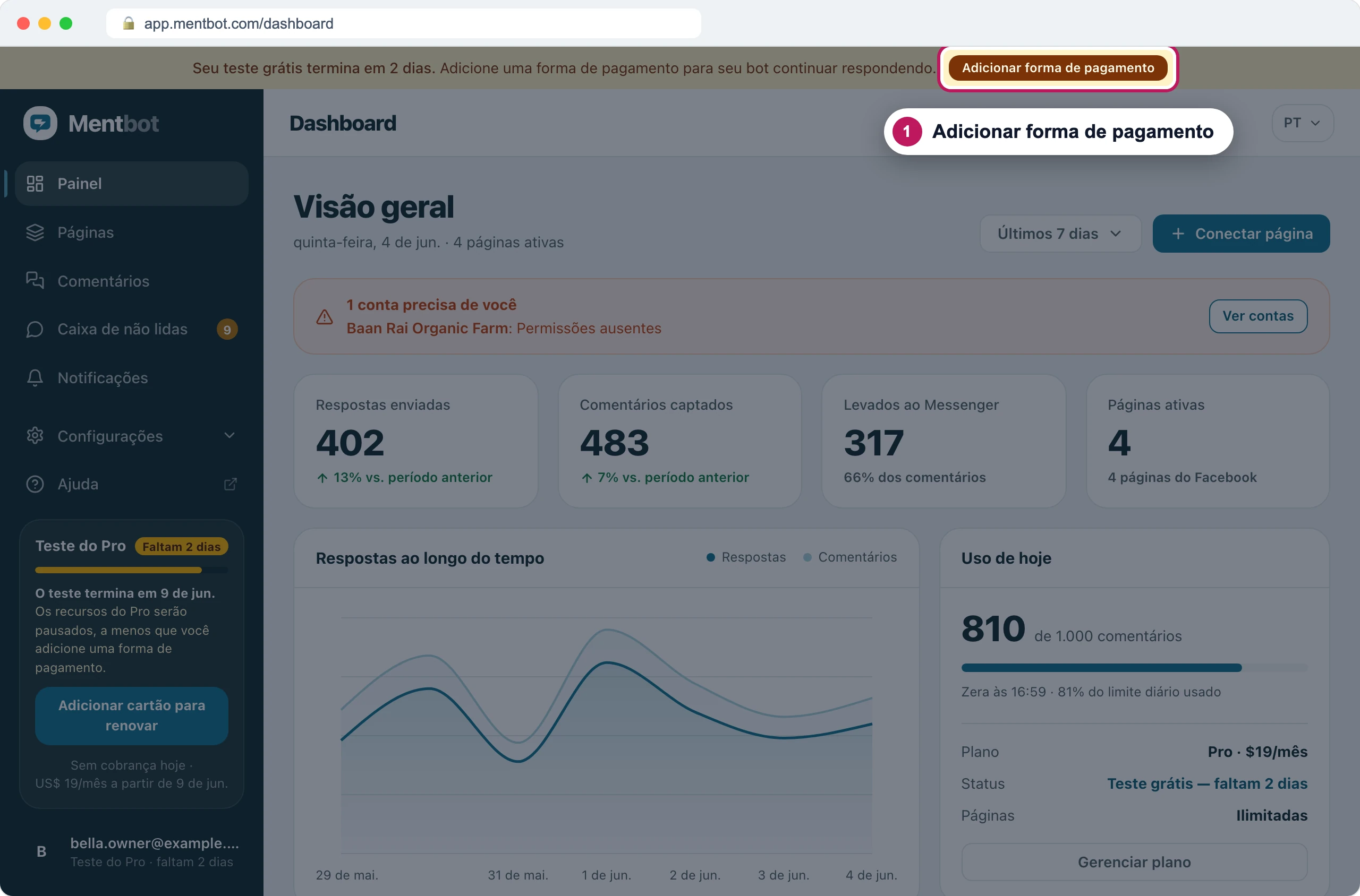 Painel com o banner de que o teste grátis termina em 2 dias e o marcador 1 no botão Adicionar forma de pagamento