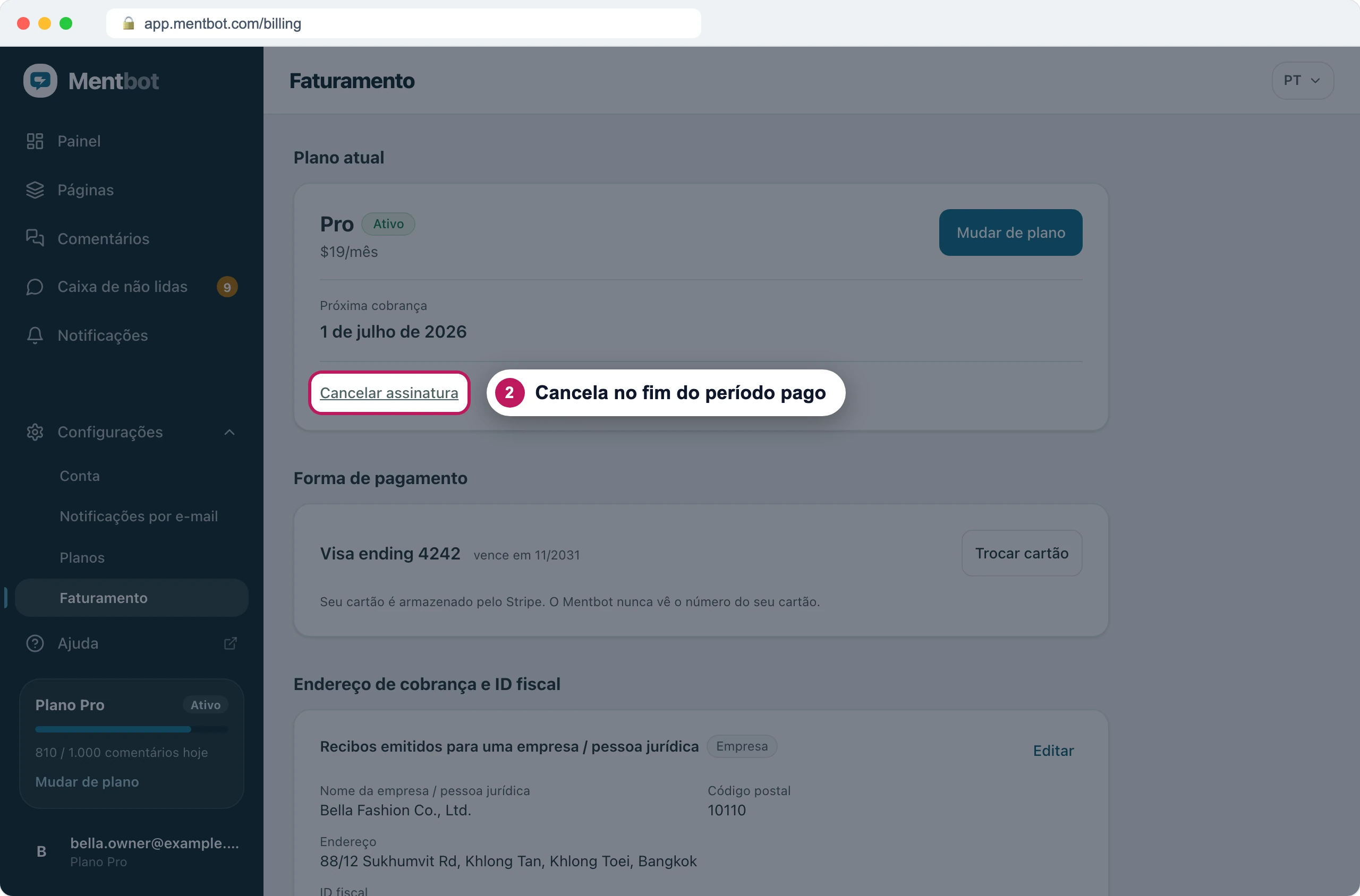 Página Faturamento com o marcador 2 no link Cancelar assinatura embaixo do plano Pro atual