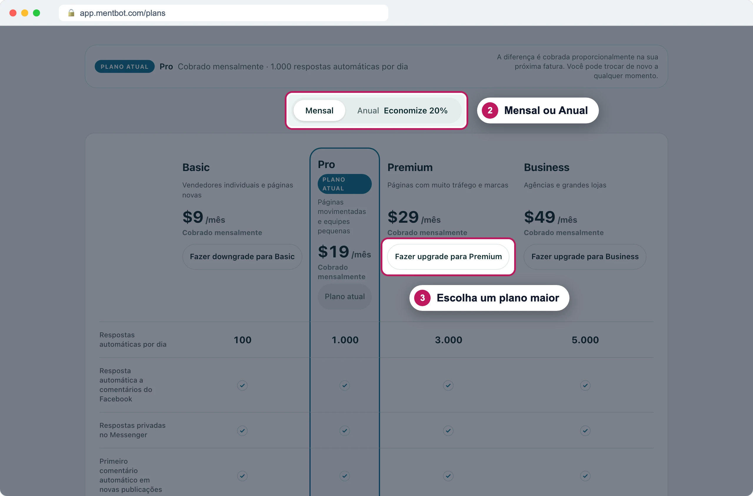 Página Planos com o marcador 2 na chave Mensal e Anual e o marcador 3 no botão Fazer upgrade para Premium, ao lado do plano Pro atual