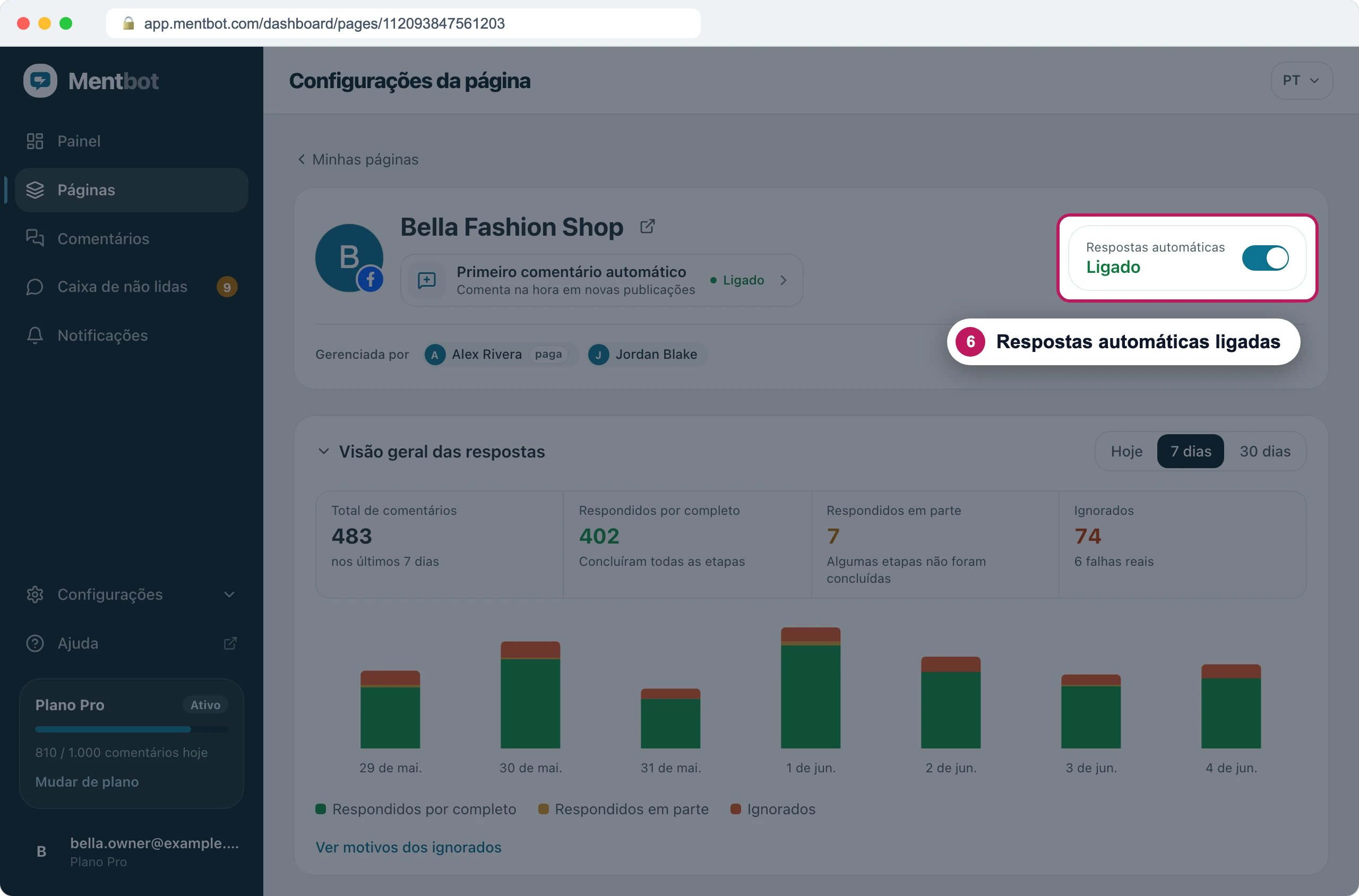 Configurações da página com o marcador 6 no botão Respostas automáticas, ligado