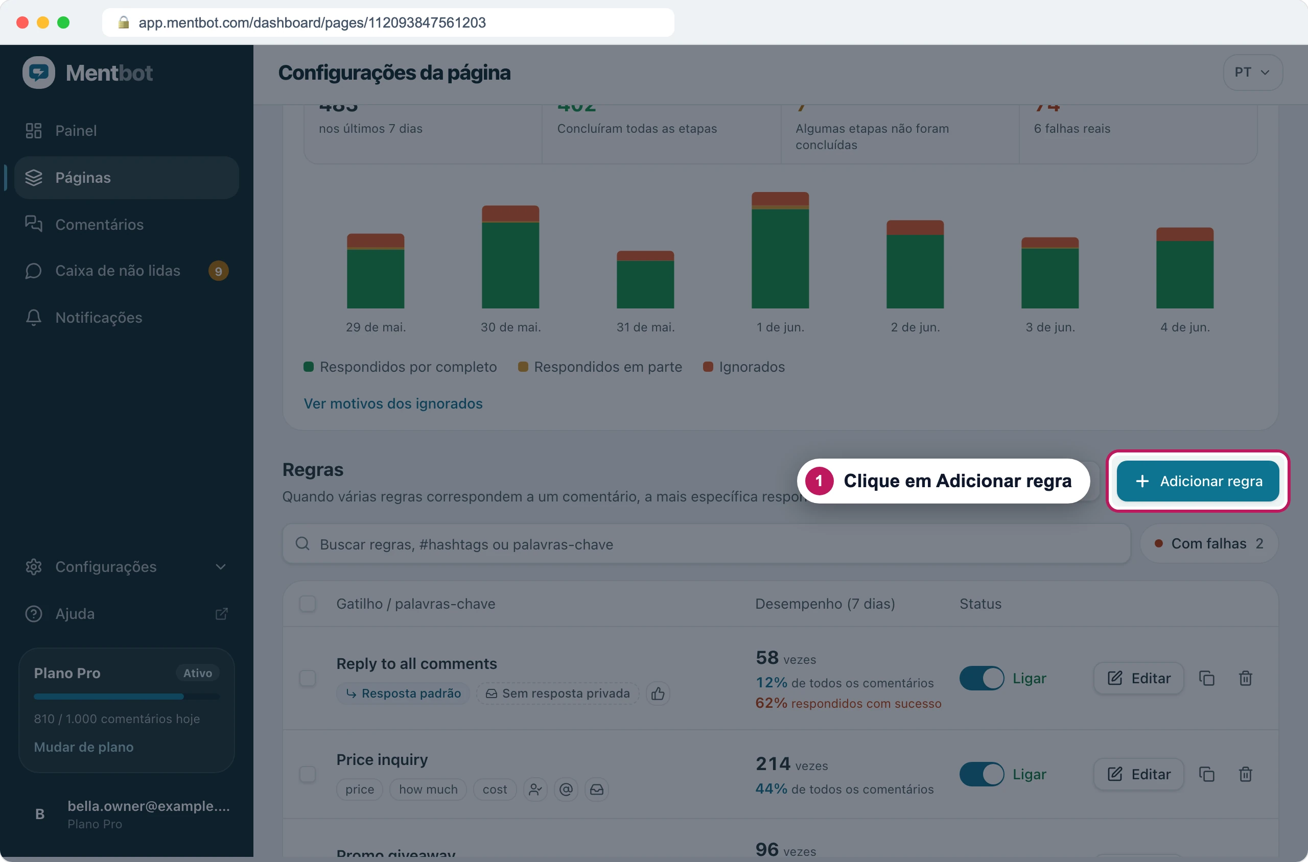 Configurações da página com o marcador 1 no botão Adicionar regra, acima da lista de regras