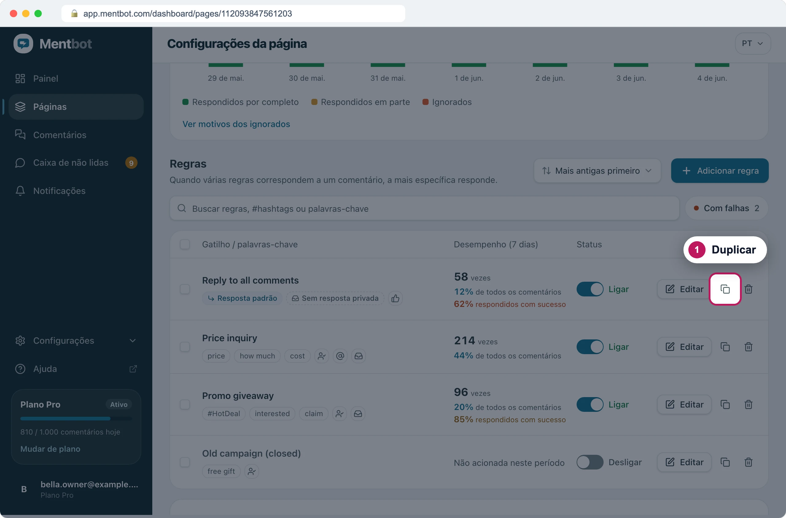 Lista de regras com o marcador 1 no botão Duplicar ao lado de Reply to all comments
