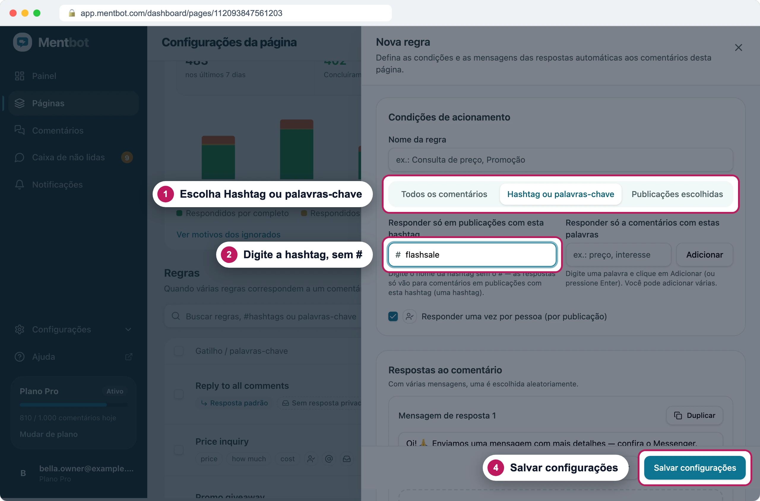 Formulário de nova regra com o marcador 1 na aba Hashtag ou palavras-chave, o marcador 2 na caixa de hashtag com flashsale e o marcador 4 em Salvar configurações