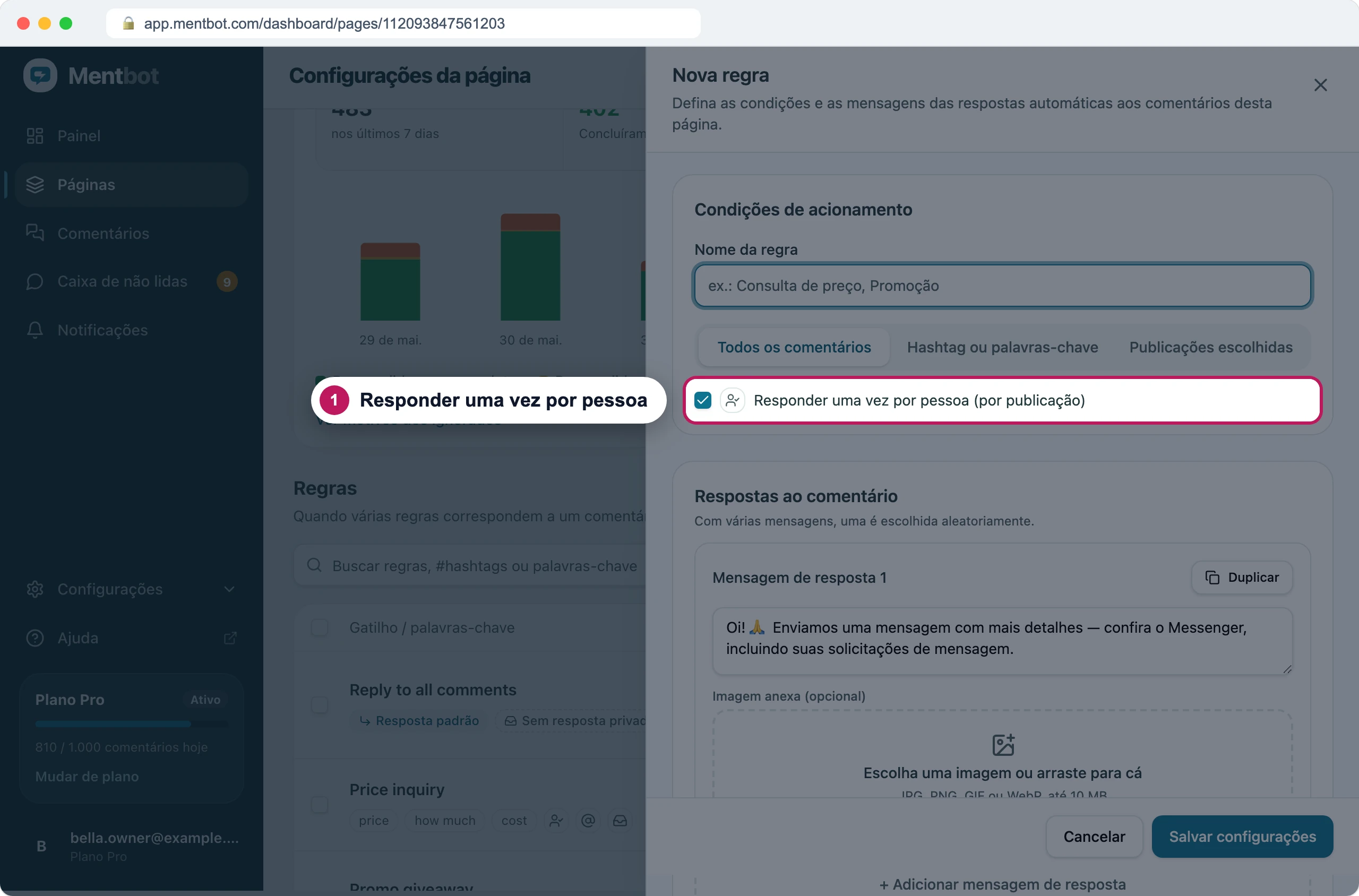 Formulário da regra com o marcador 1 na caixa marcada Responder uma vez por pessoa (por publicação)