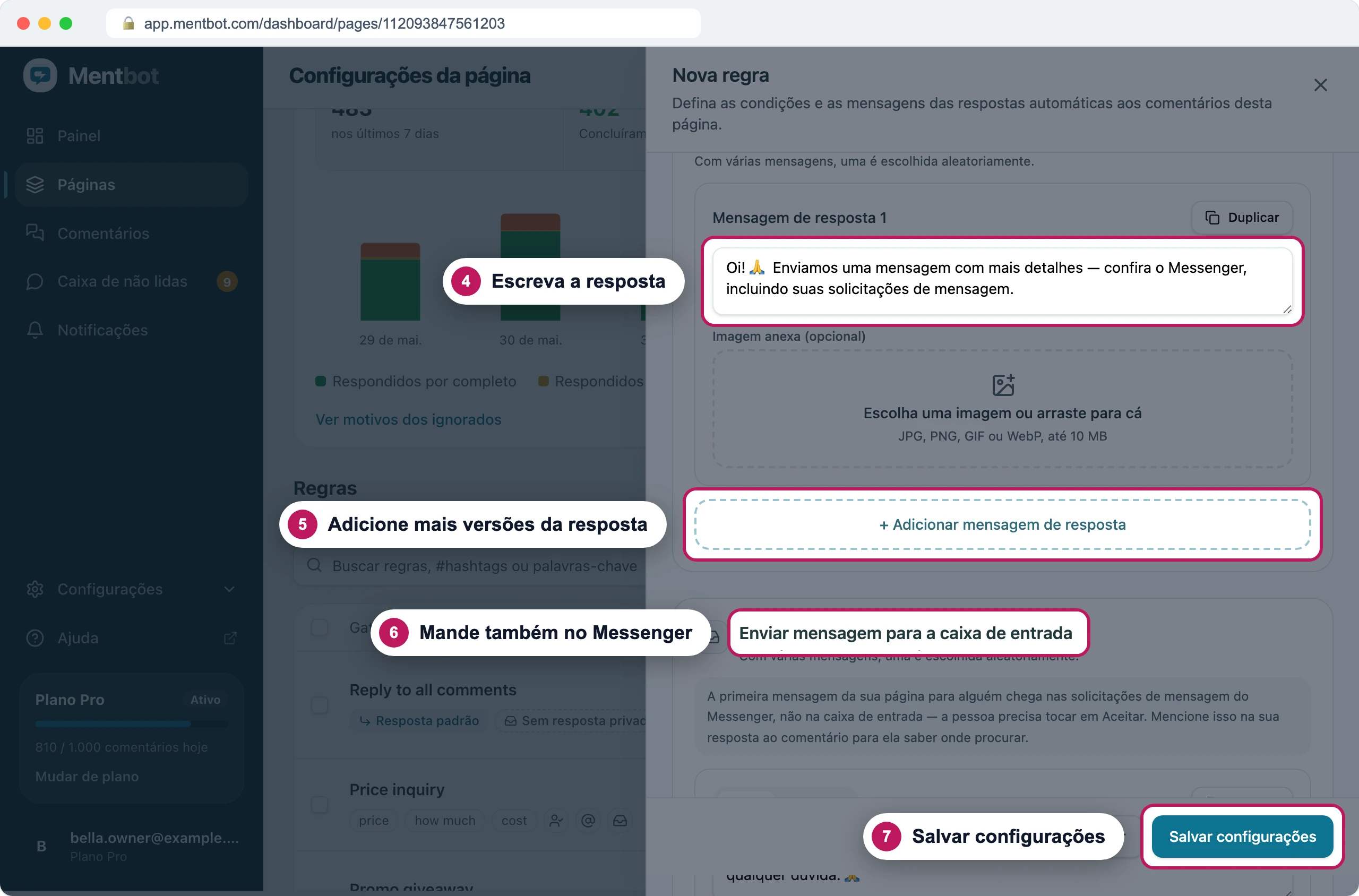 Seção Respostas ao comentário com o marcador 4 na primeira mensagem de resposta, o marcador 5 no botão + Adicionar mensagem de resposta, o marcador 6 no título Enviar mensagem para a caixa de entrada e o marcador 7 em Salvar configurações