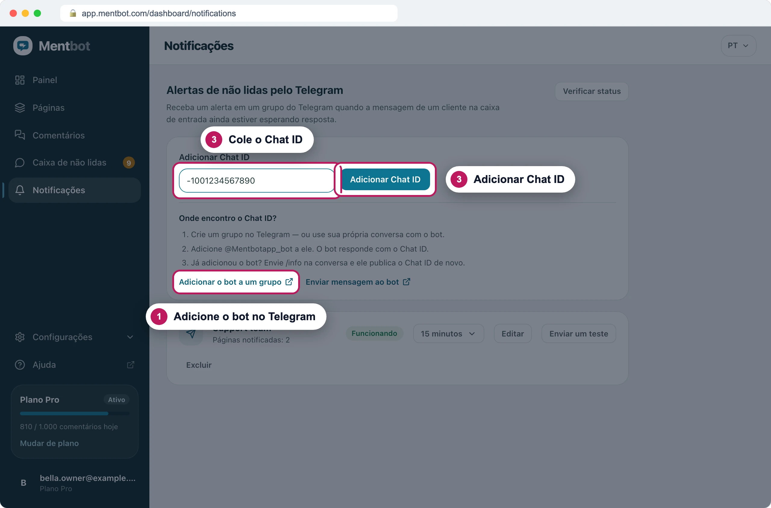 Página Notificações com o marcador 1 em Adicionar o bot a um grupo, o marcador 3 na caixa do Chat ID com -1001234567890 e o marcador 3 no botão Adicionar Chat ID