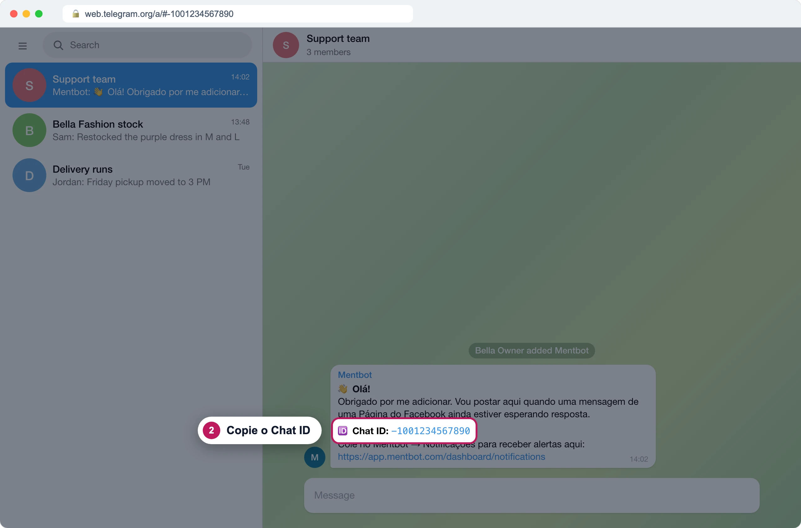 Grupo do Telegram Support team com a mensagem de boas-vindas do bot e o marcador 2 no Chat ID, -1001234567890