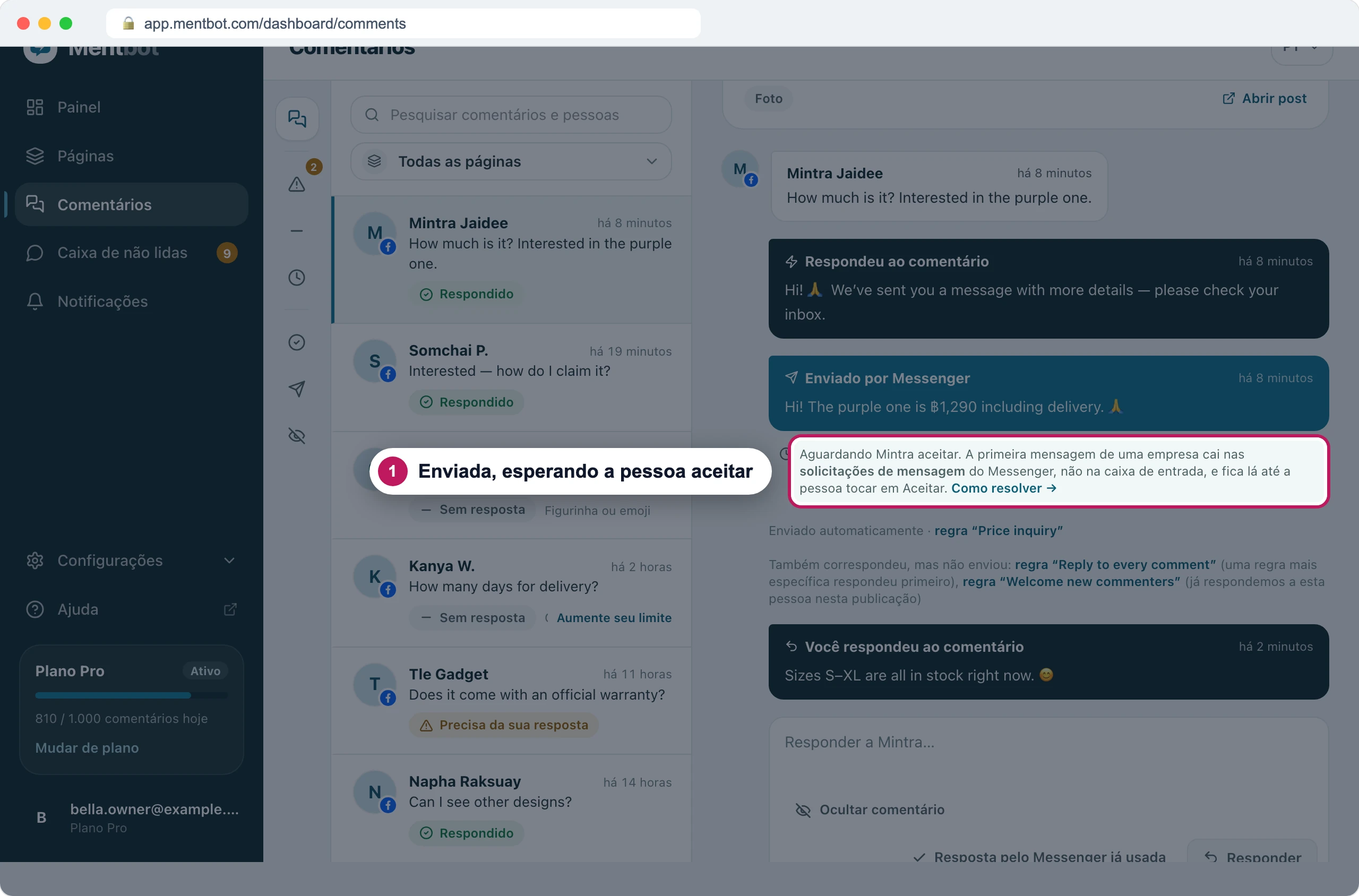 Detalhe do comentário com o marcador 1 no aviso embaixo da resposta no Messenger, dizendo que está aguardando Mintra aceitar