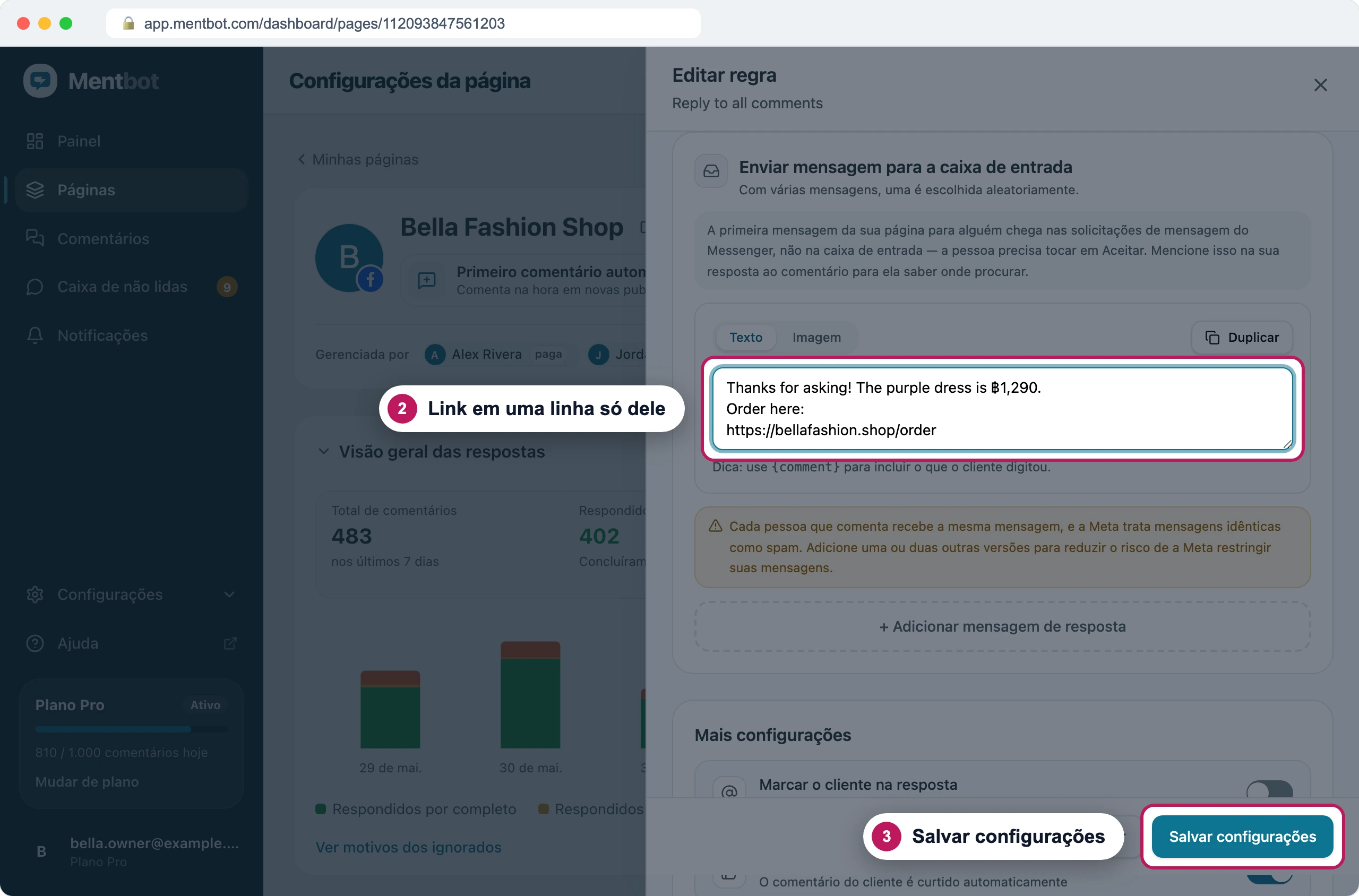 Seção Enviar mensagem para a caixa de entrada com o marcador 2 em uma mensagem que termina com Order here: e o link em uma linha só dele, e o marcador 3 em Salvar configurações