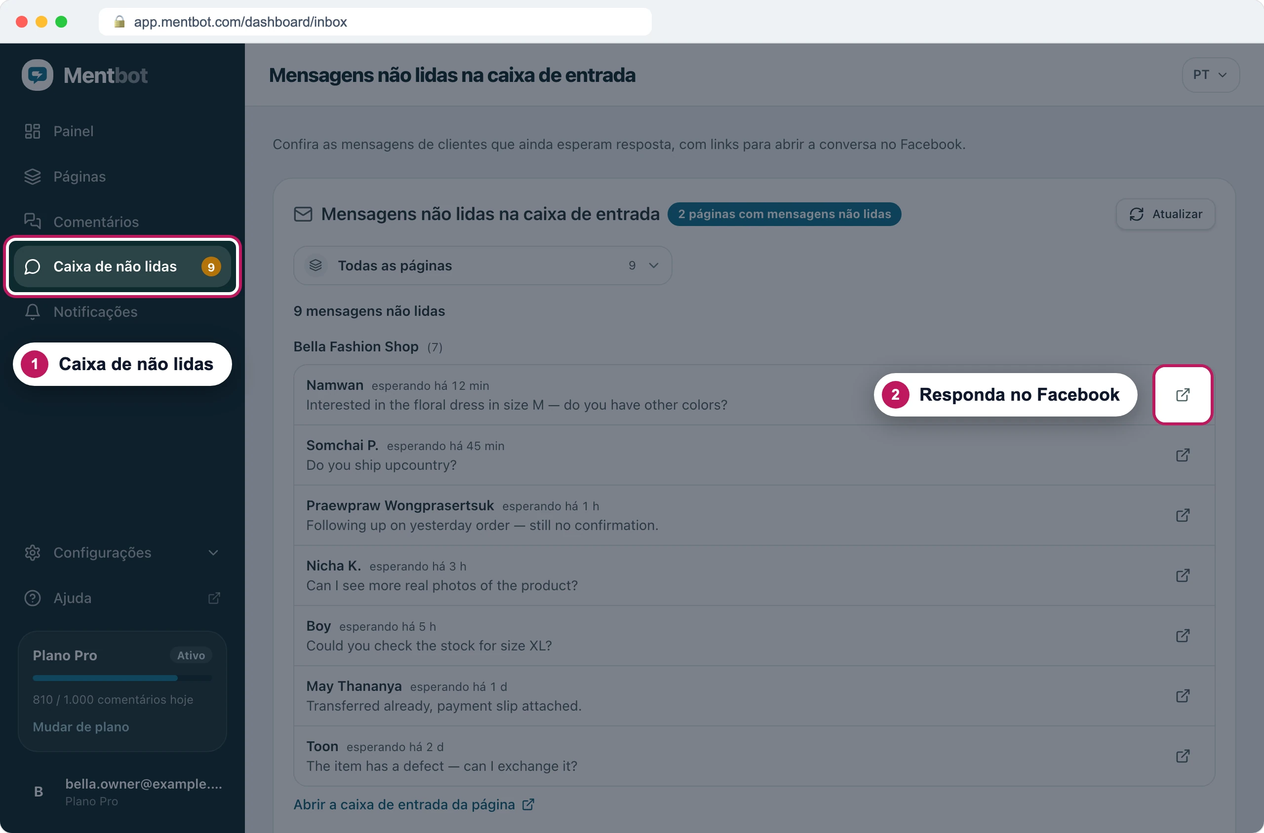 Caixa de não lidas com o marcador 1 em Caixa de não lidas no menu e o marcador 2 no ícone de abrir ao lado de uma mensagem que está esperando há 12 minutos