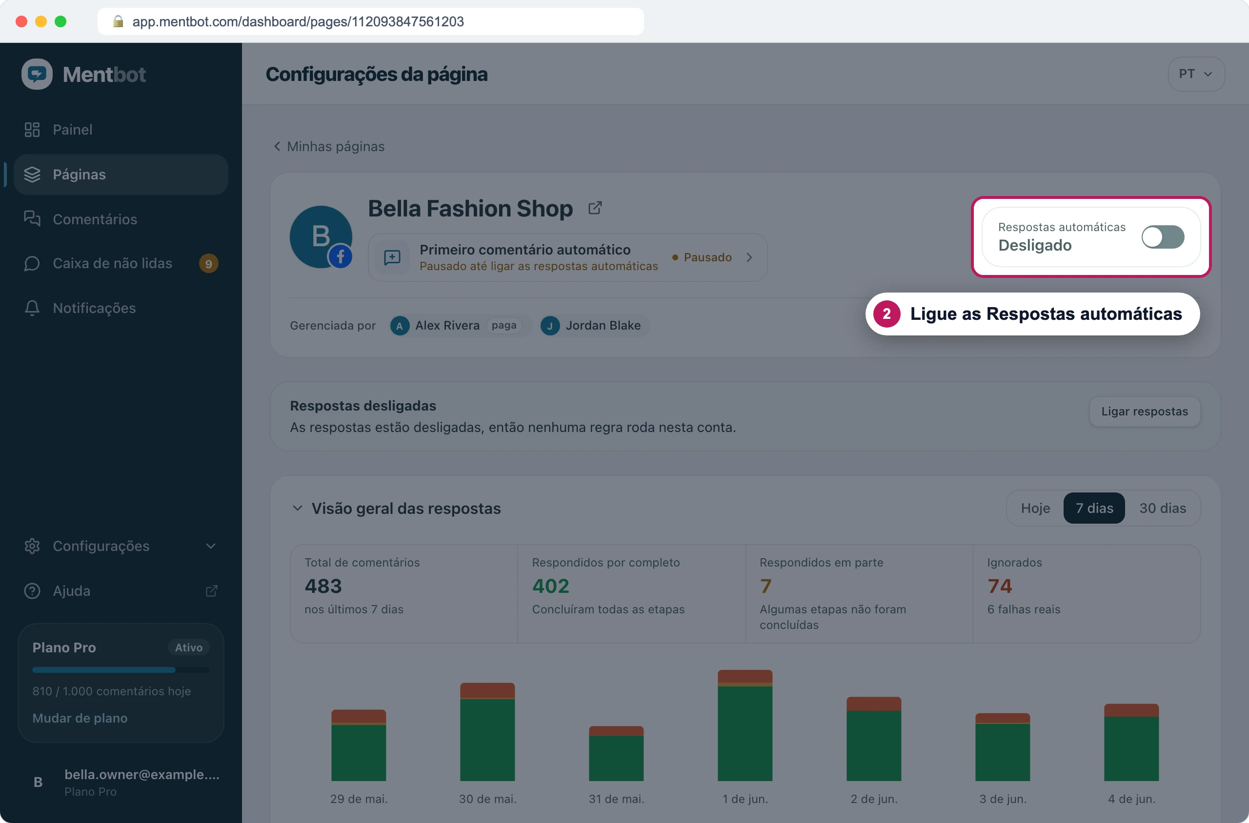 Configurações da página com o marcador 2 no botão Respostas automáticas, desligado