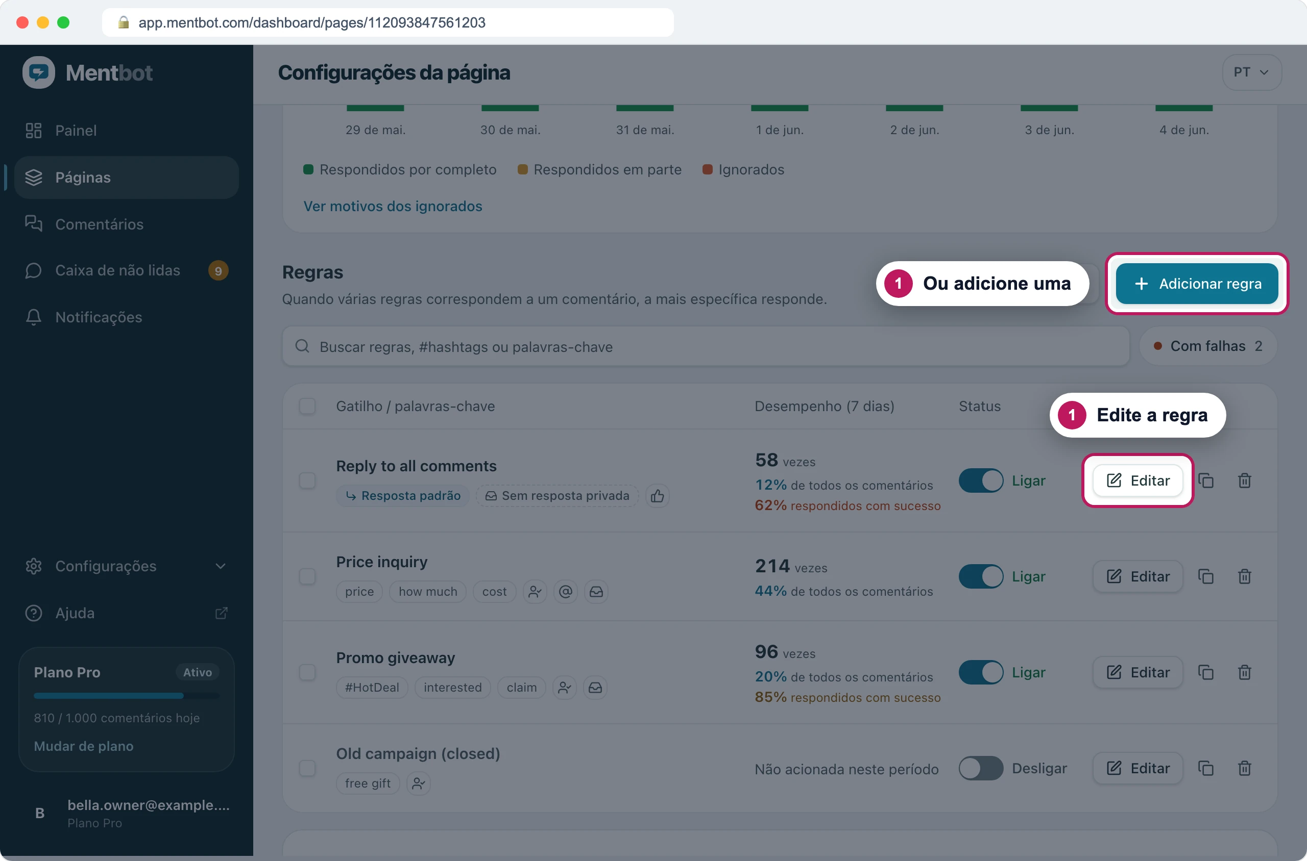 Lista de regras com o marcador 1 no botão Editar da regra Reply to all comments e o marcador 1 em Adicionar regra
