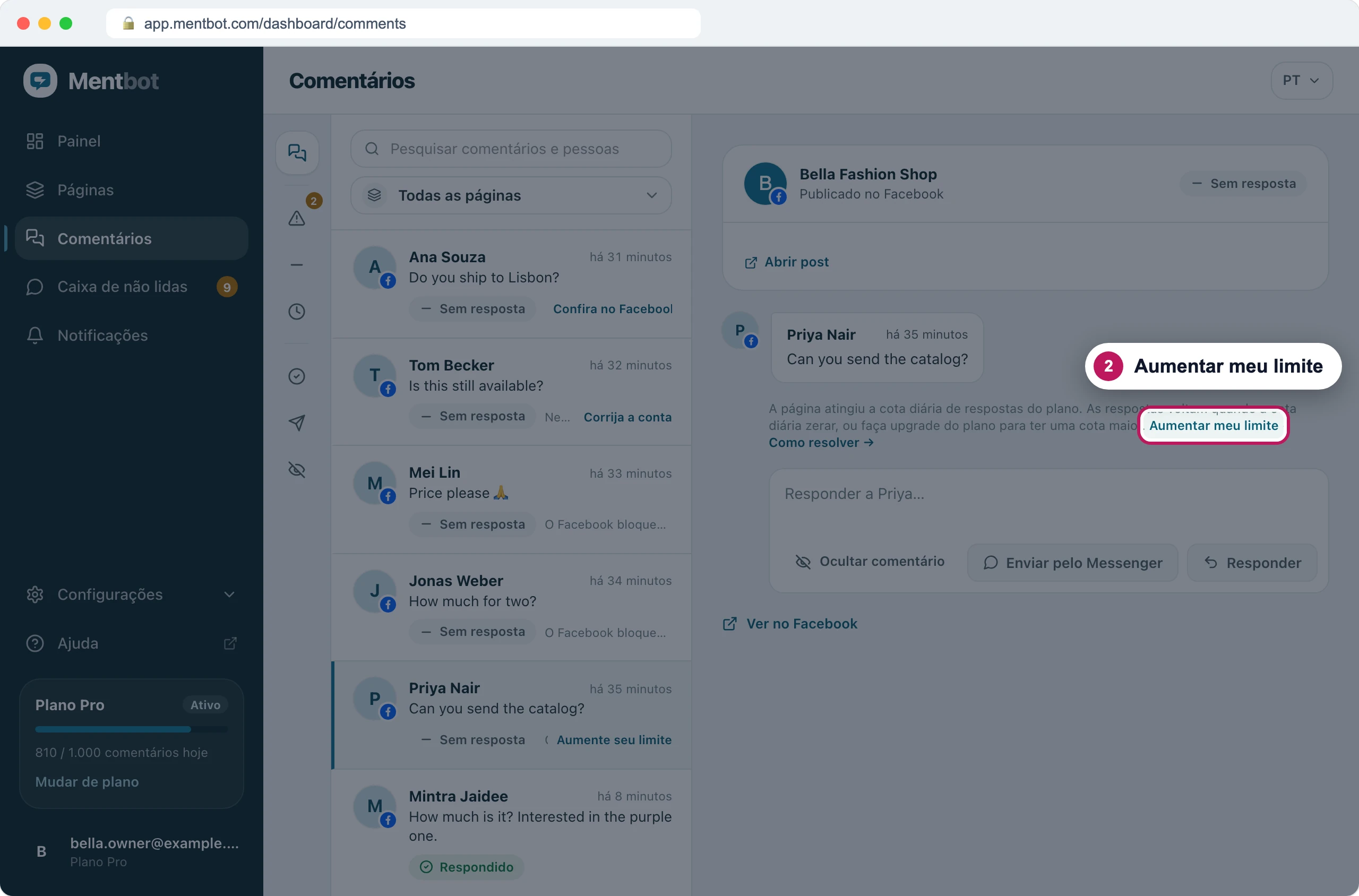 Detalhe do comentário com o marcador 2 no link Aumentar meu limite, no motivo embaixo do comentário