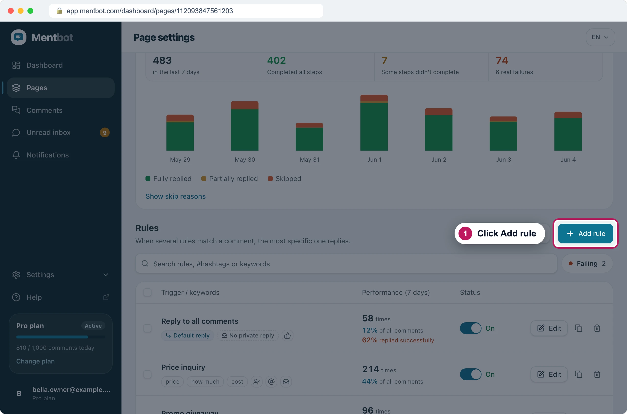 Page settings with badge 1 on the Add rule button above the Rules list
