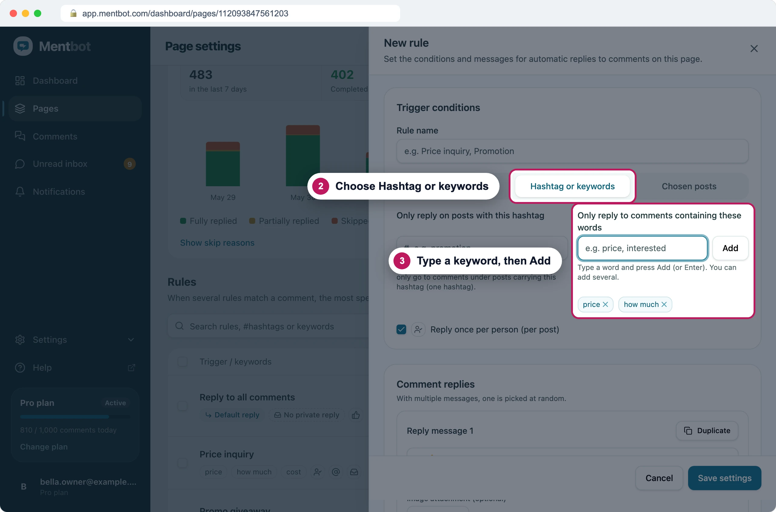 New rule form with badge 2 on the Hashtag or keywords tab and badge 3 on the keyword box, holding the keywords price and how much