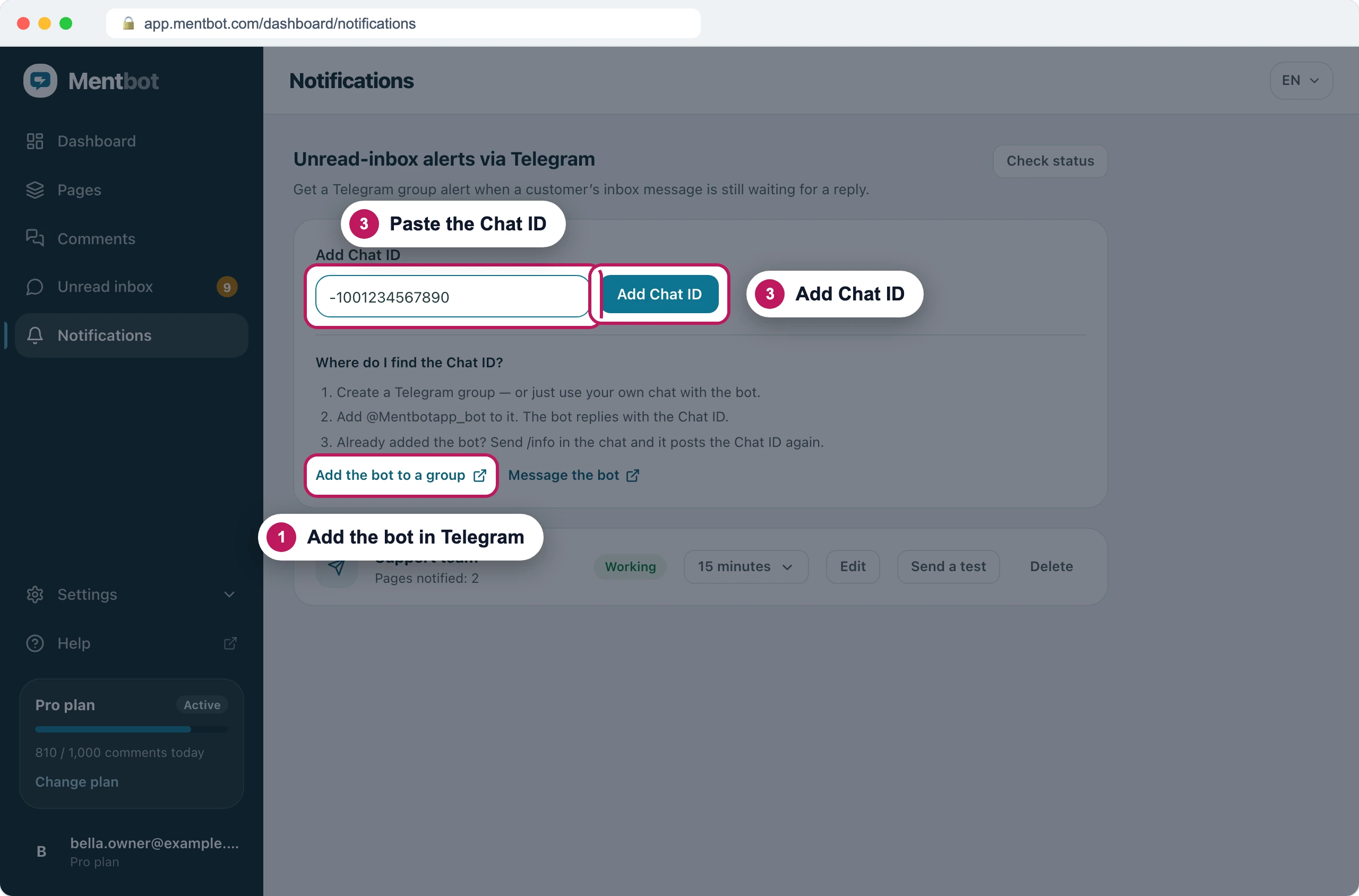 Notifications page with badge 1 on Add the bot to a group, badge 3 on the Chat ID box holding -1001234567890 and badge 3 on the Add Chat ID button
