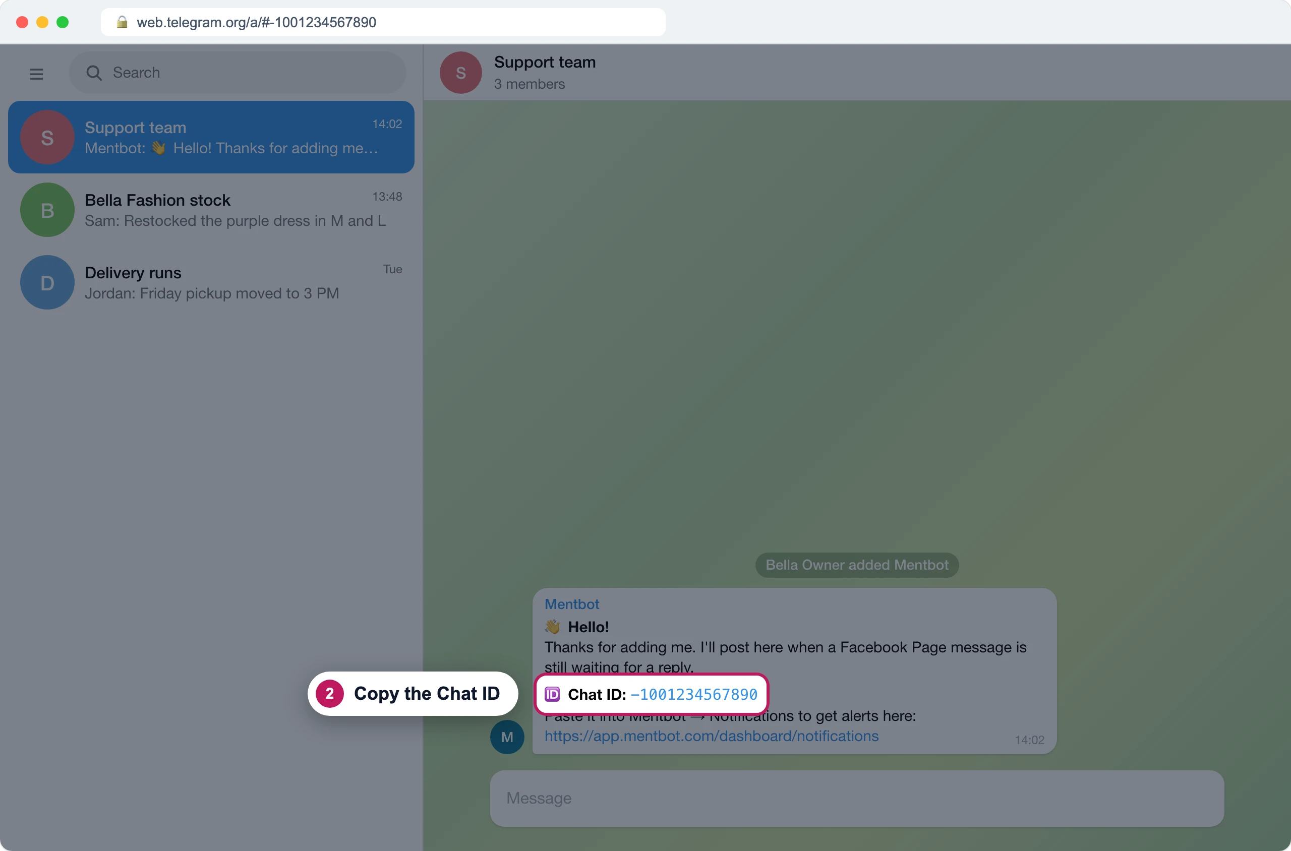 Telegram group Support team with the bot's welcome message and badge 2 on its Chat ID, -1001234567890