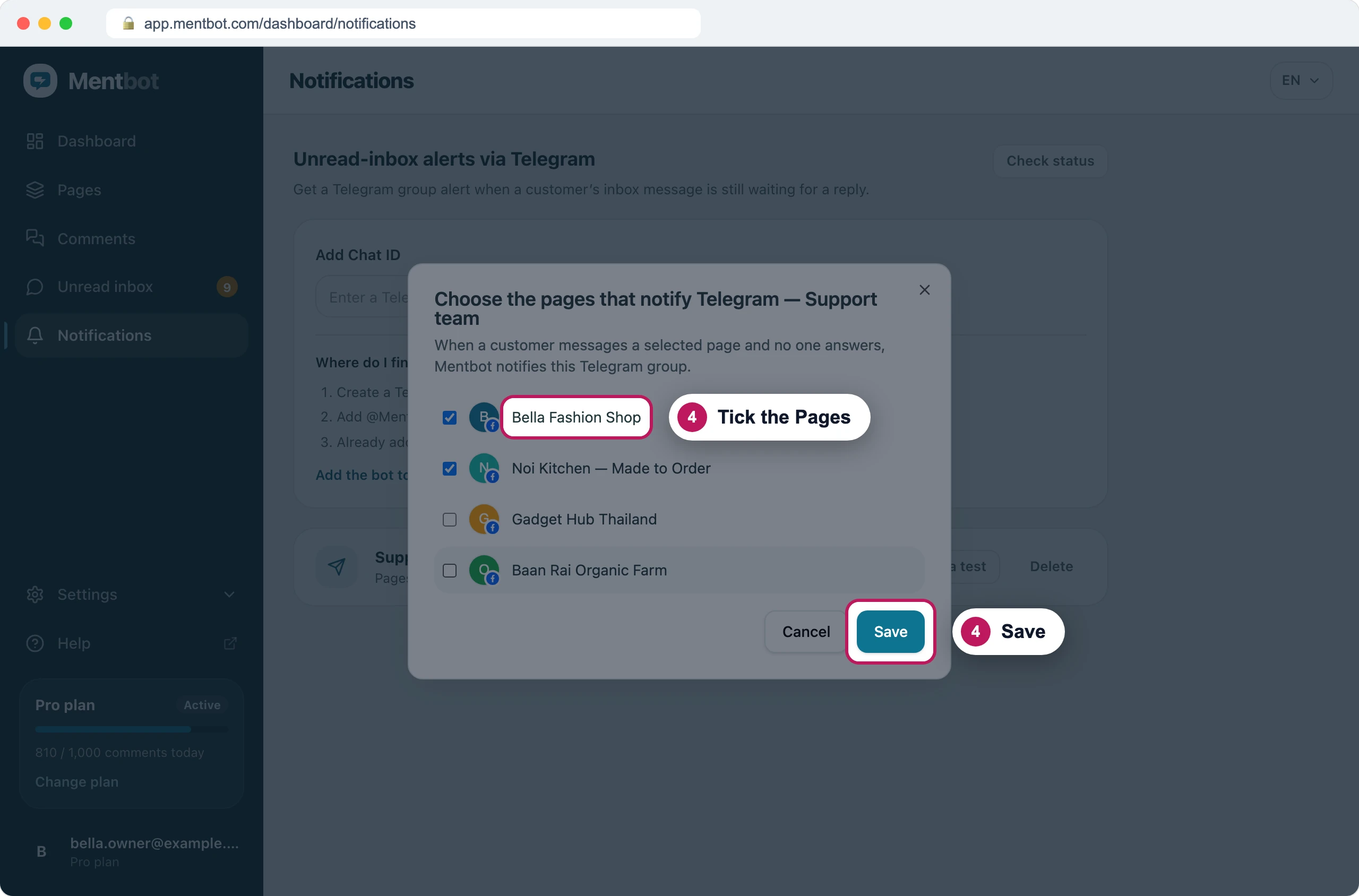 The page picker for the Support team group with badge 4 on the ticked Page Bella Fashion Shop and badge 4 on the Save button