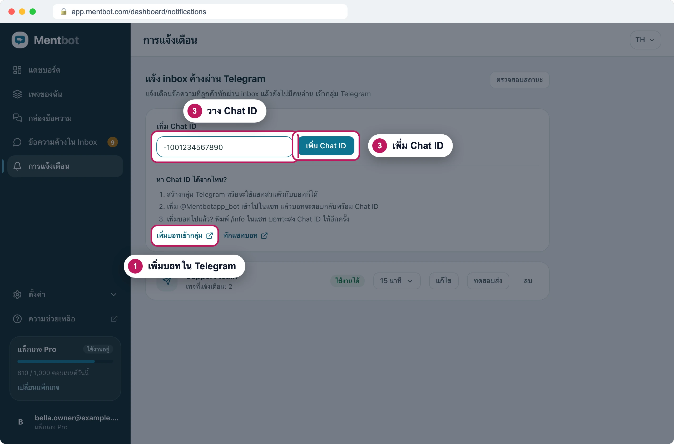 หน้าการแจ้งเตือน ป้าย 1 ชี้ที่ลิงก์เพิ่มบอทเข้ากลุ่ม ป้าย 3 ชี้ที่ช่อง Chat ID ซึ่งใส่ -1001234567890 ไว้ และป้าย 3 ชี้ที่ปุ่มเพิ่ม Chat ID
