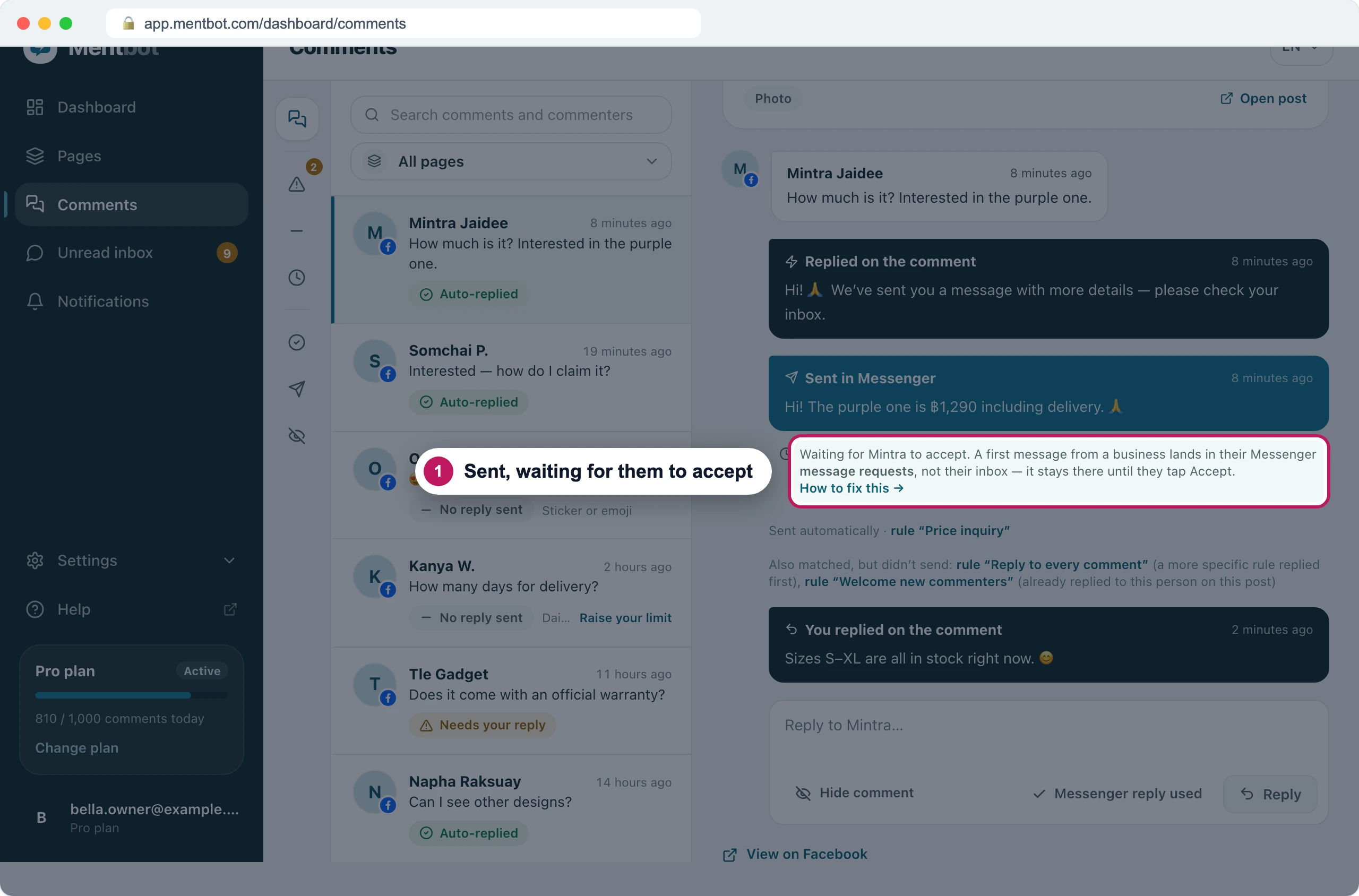 Comment detail with badge 1 on the note under the Messenger reply, saying it's waiting for Mintra to accept