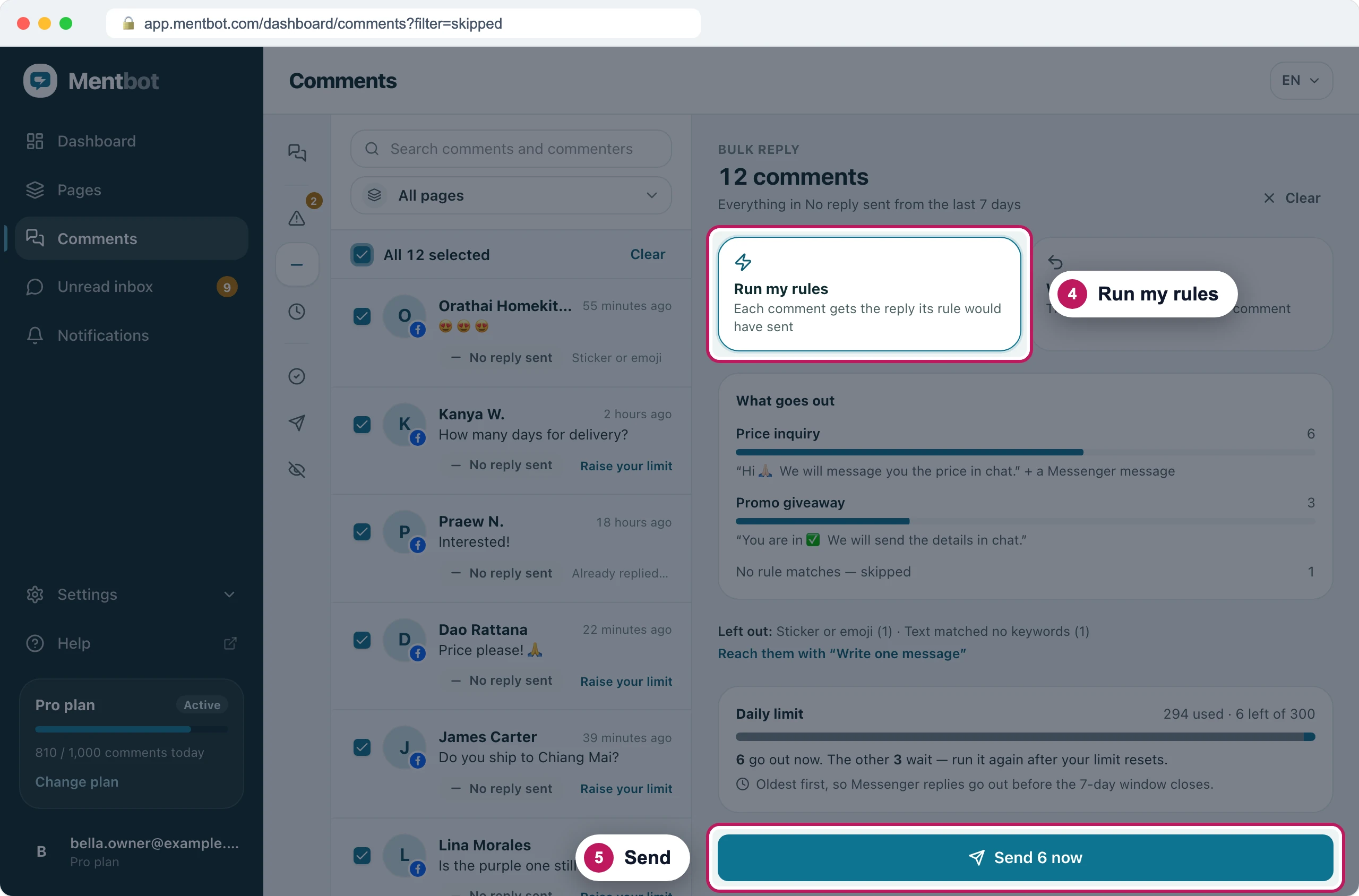 Bulk reply panel for 12 comments with badge 4 on Run my rules and badge 5 on the Send 6 now button