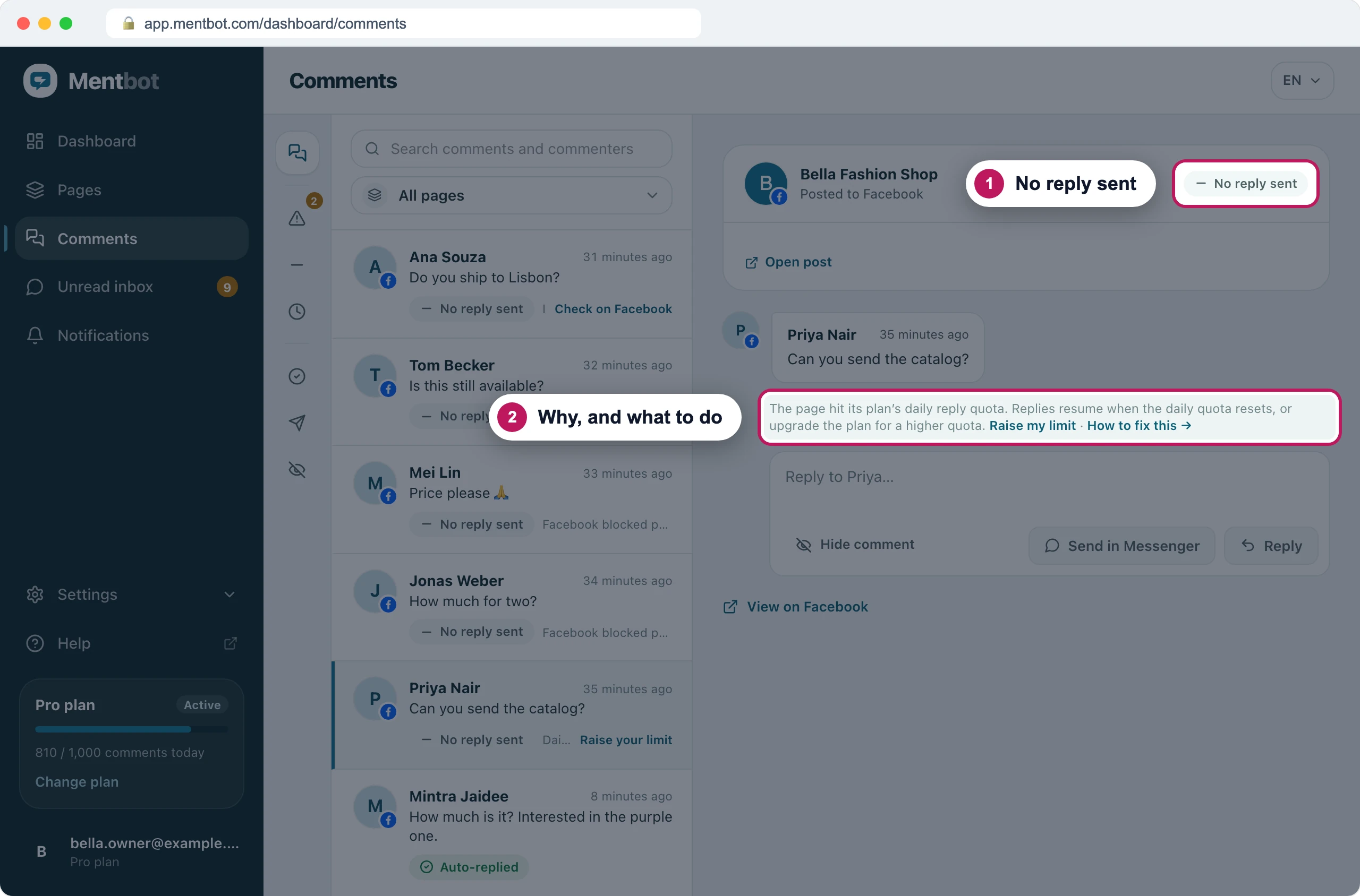 Comment detail with badge 1 on the No reply sent status and badge 2 on the reason, which says the page hit its plan's daily reply quota